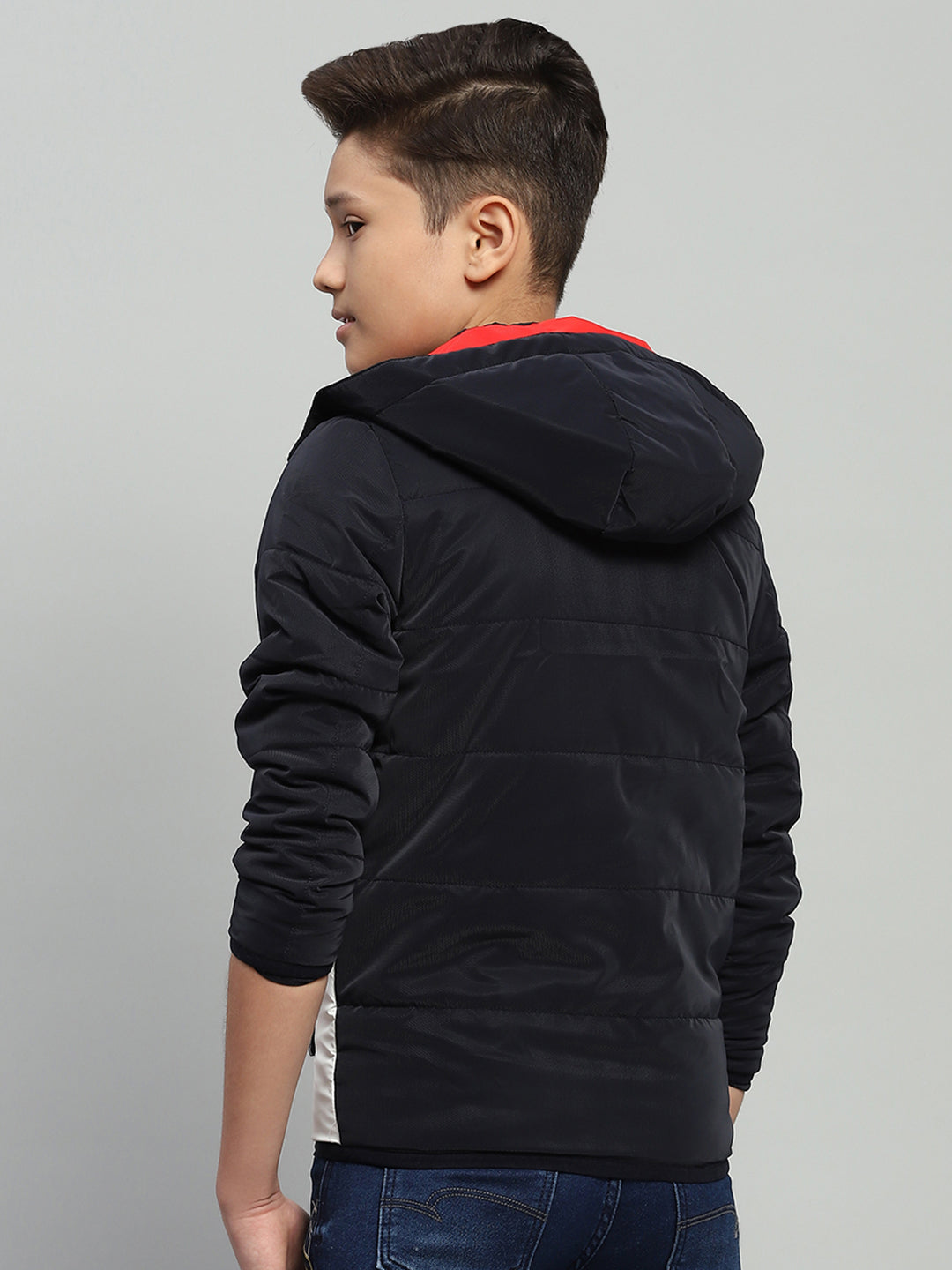 Boys Navy Blue Solid Hooded Full Sleeve Jacket