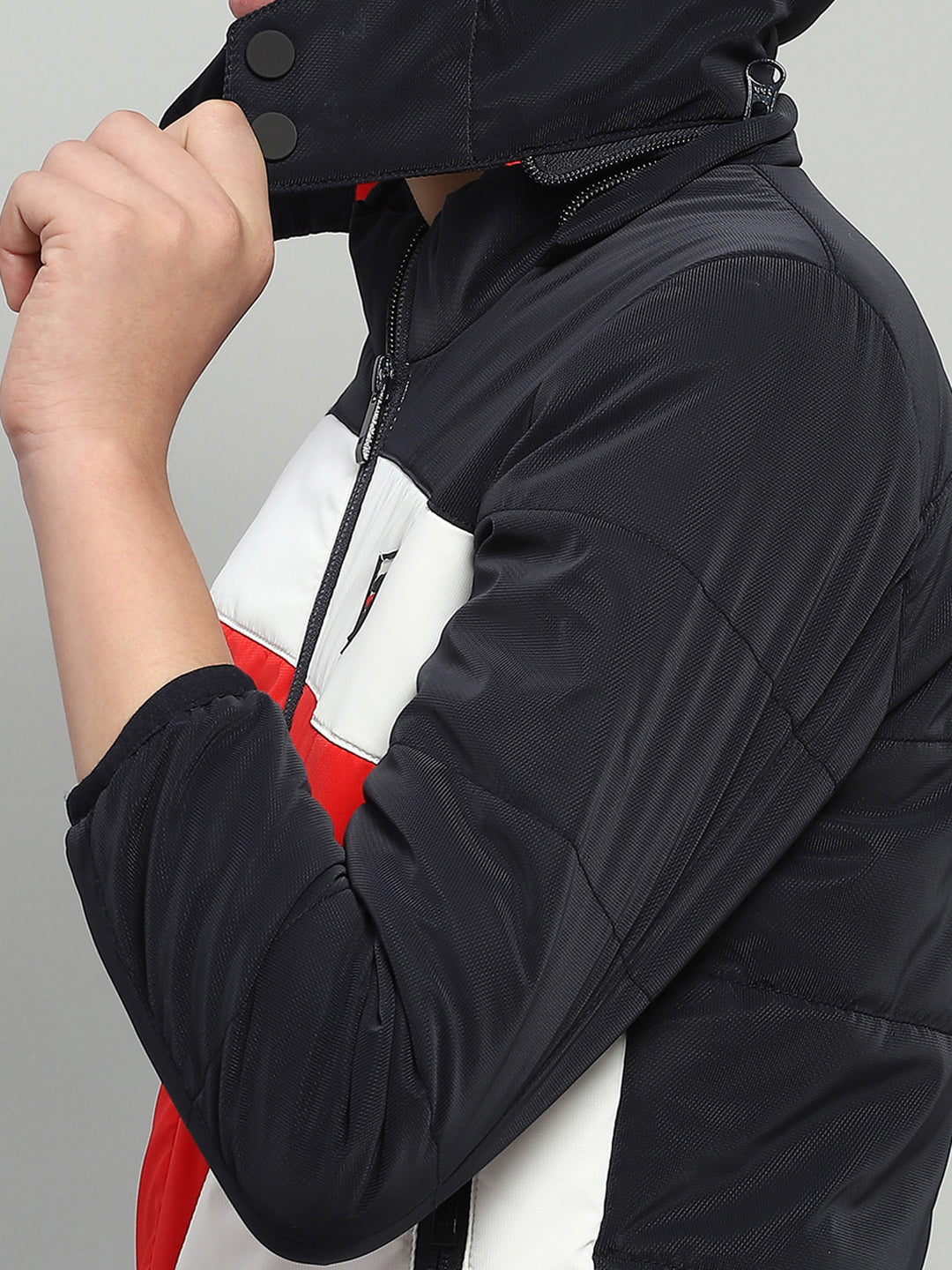 Boys Navy Blue Solid Hooded Full Sleeve Jacket