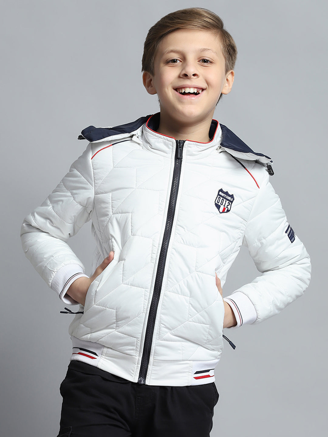 Boys White Self Design Detachable Hood Full Sleeve Jacket