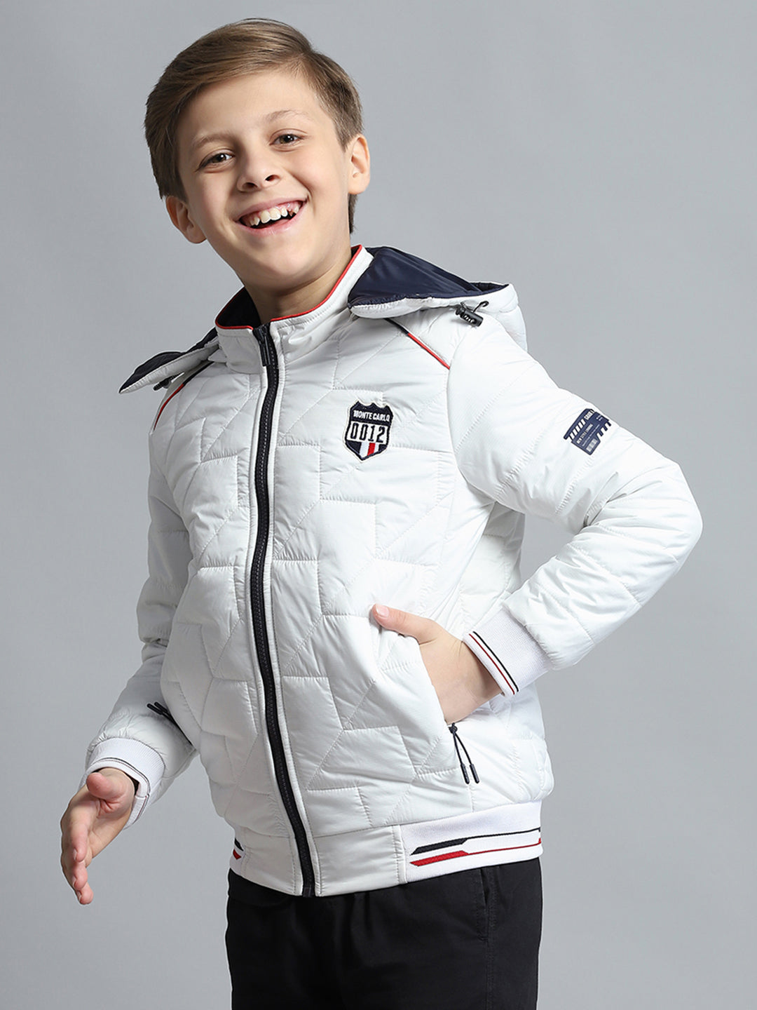 Boys White Self Design Detachable Hood Full Sleeve Jacket