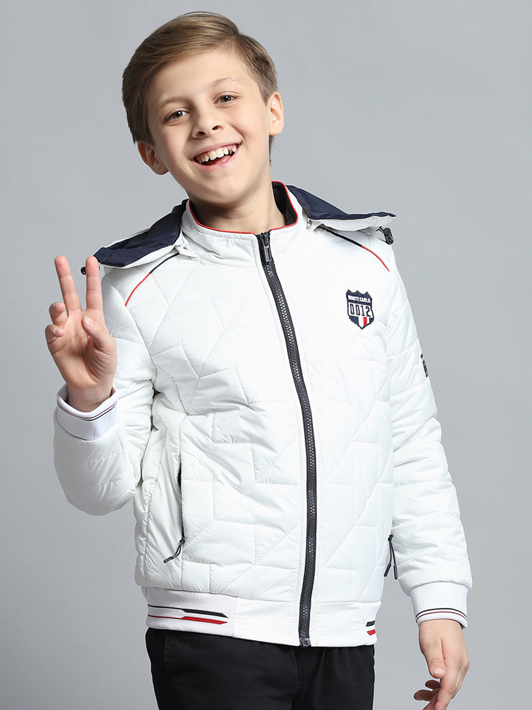 Boys White Self Design Detachable Hood Full Sleeve Jacket