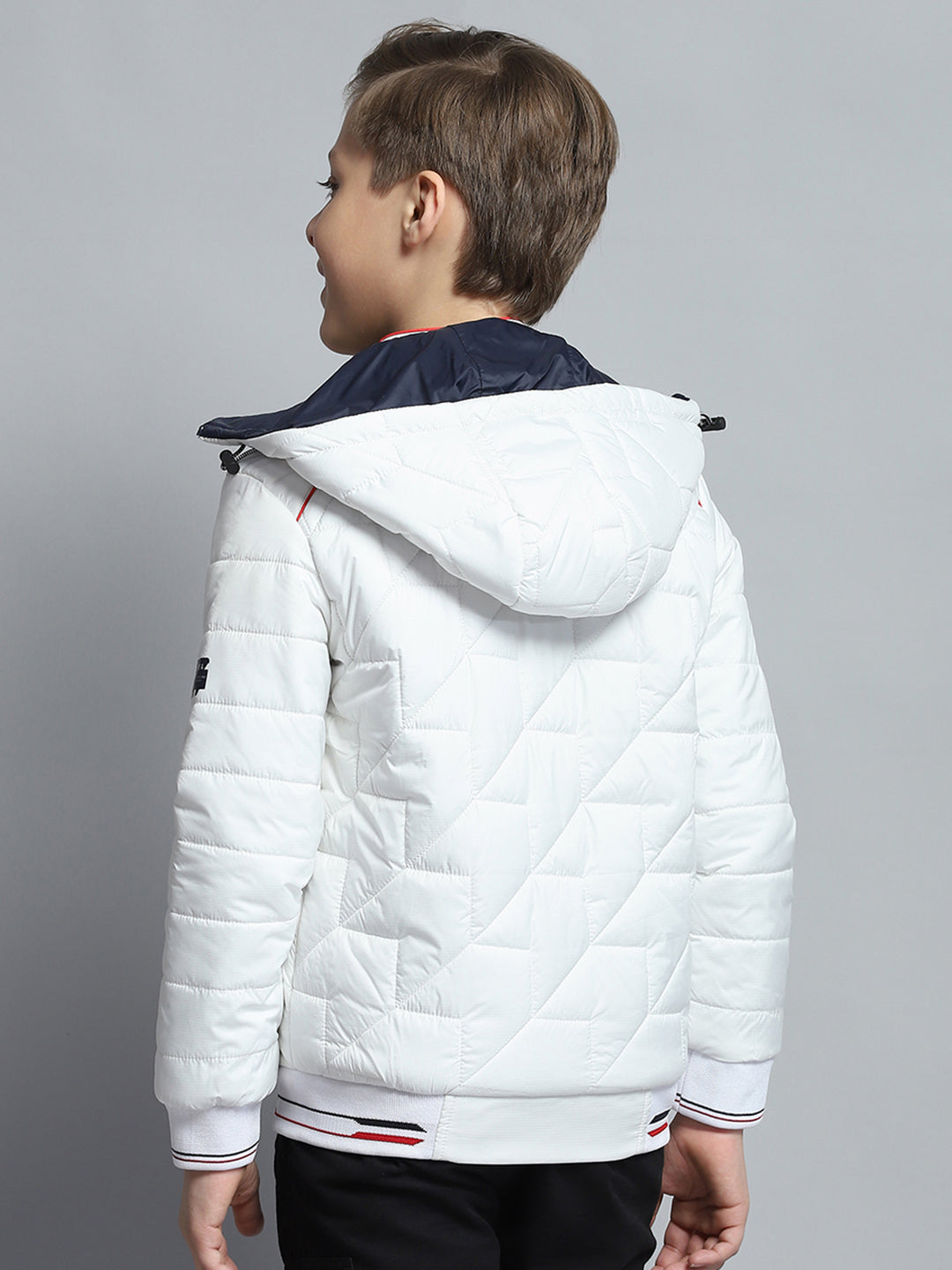 Boys White Self Design Detachable Hood Full Sleeve Jacket