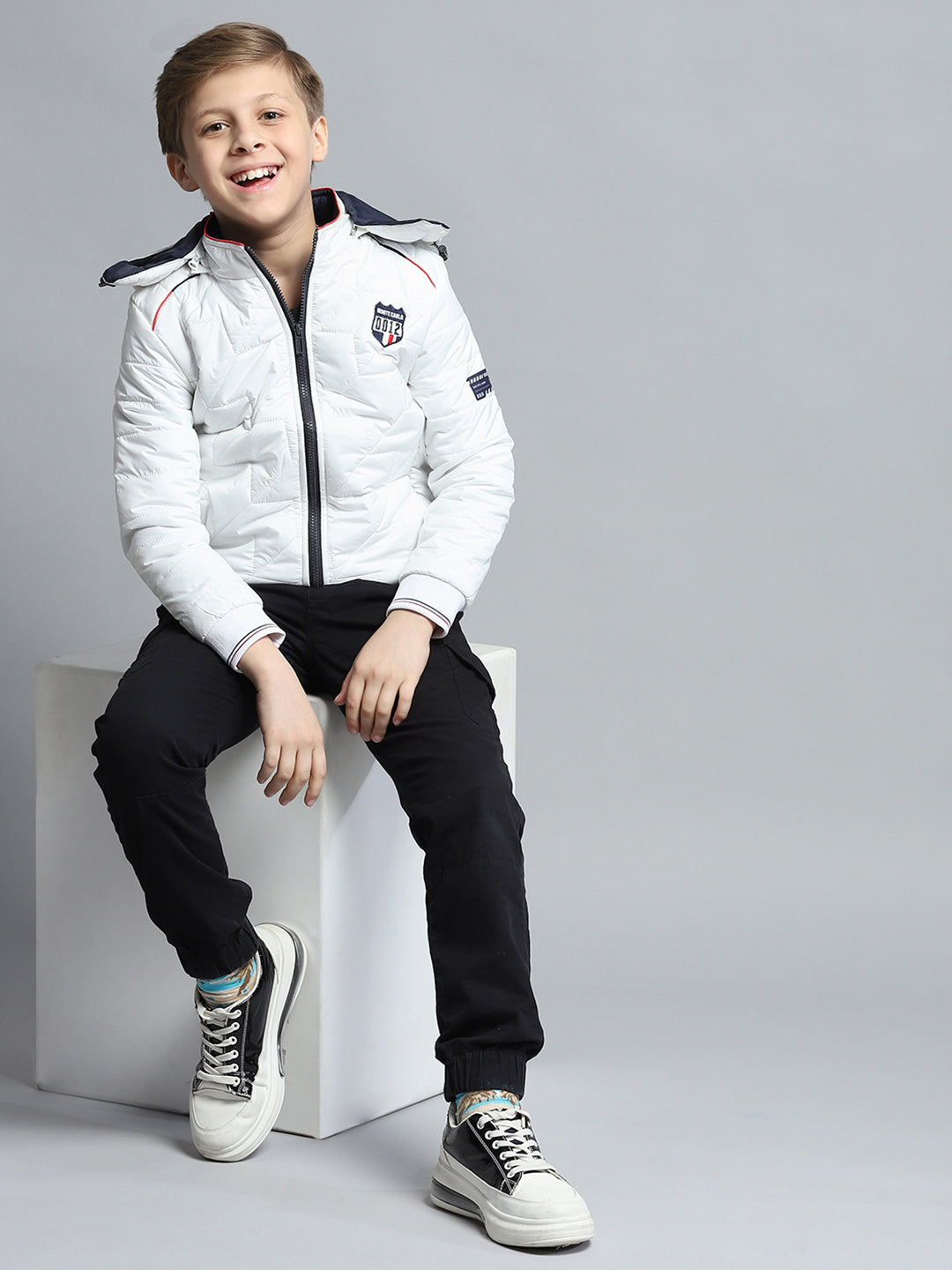 Boys White Self Design Detachable Hood Full Sleeve Jacket