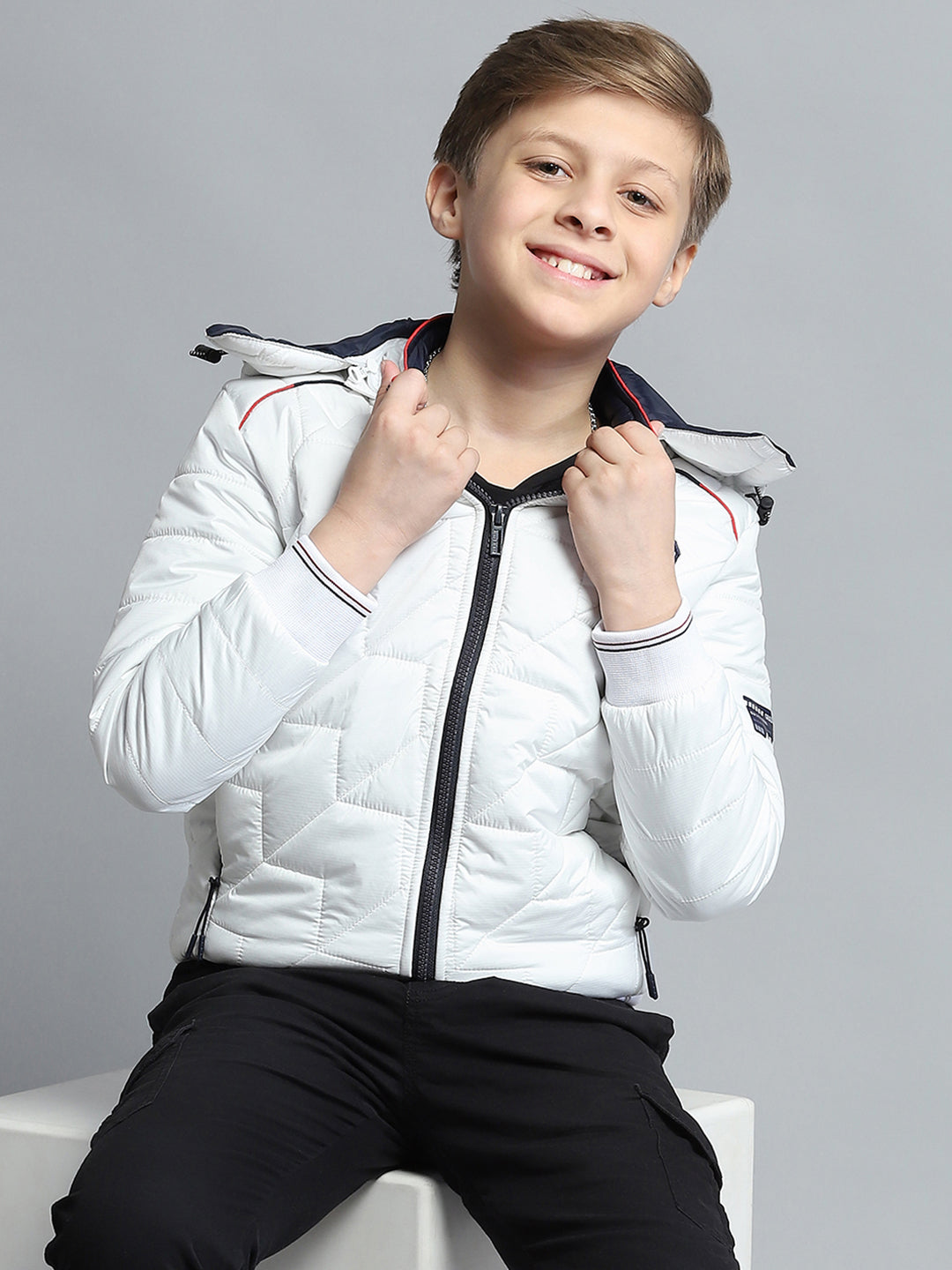 Boys White Self Design Detachable Hood Full Sleeve Jacket