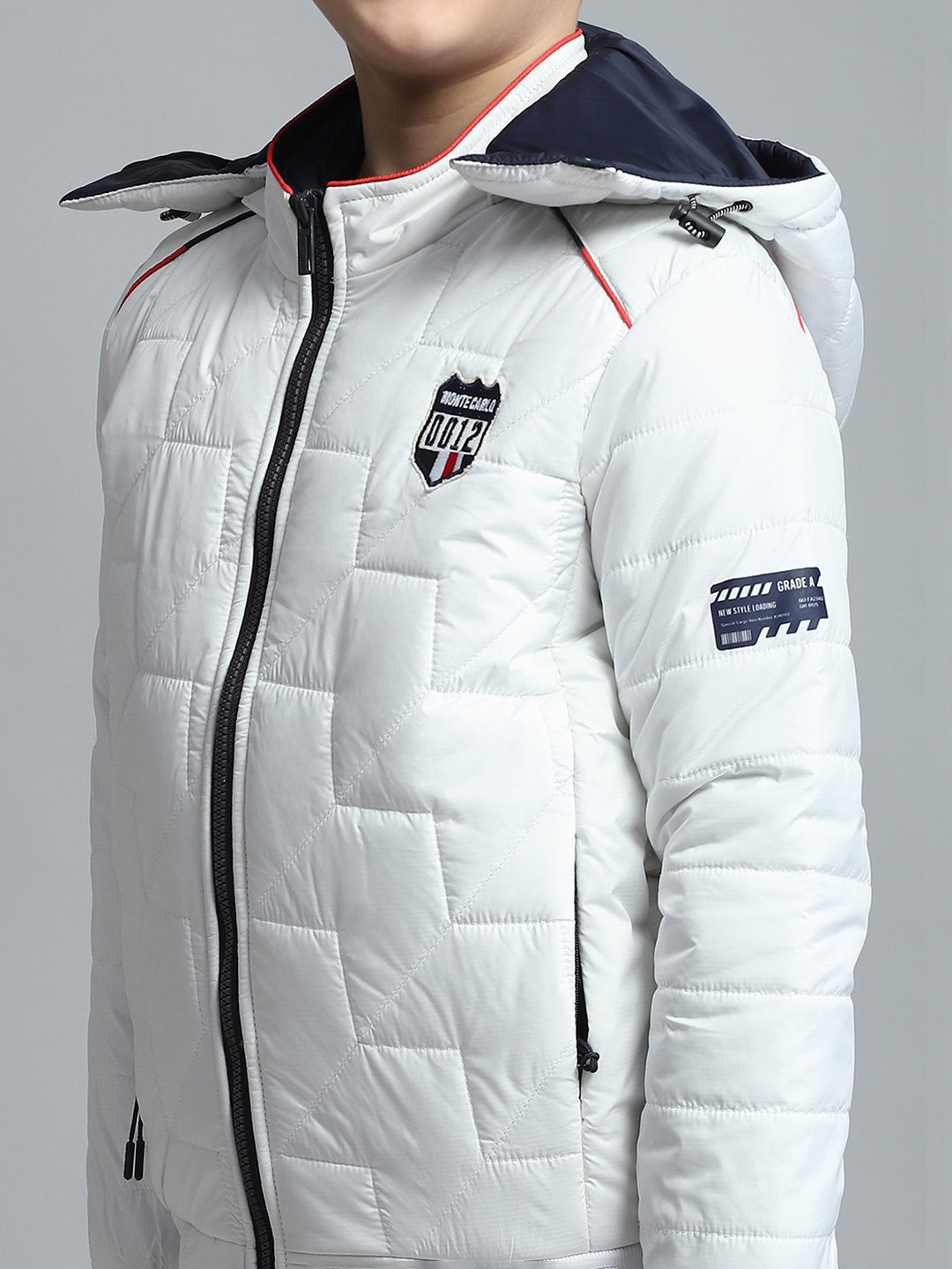 Boys White Self Design Detachable Hood Full Sleeve Jacket
