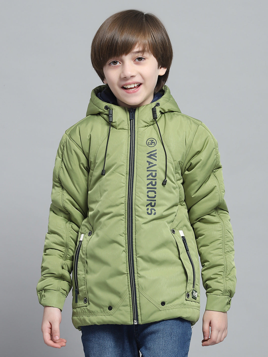 Boys Green Printed Hooded Full Sleeve Jacket