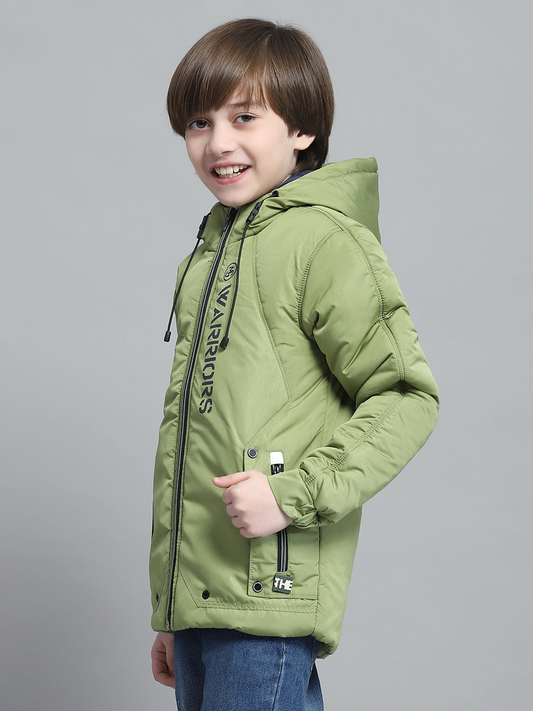 Boys Green Printed Hooded Full Sleeve Jacket