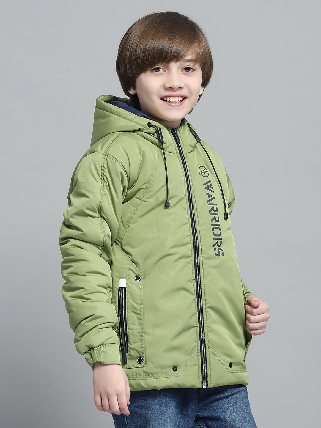 Boys Green Printed Hooded Full Sleeve Jacket