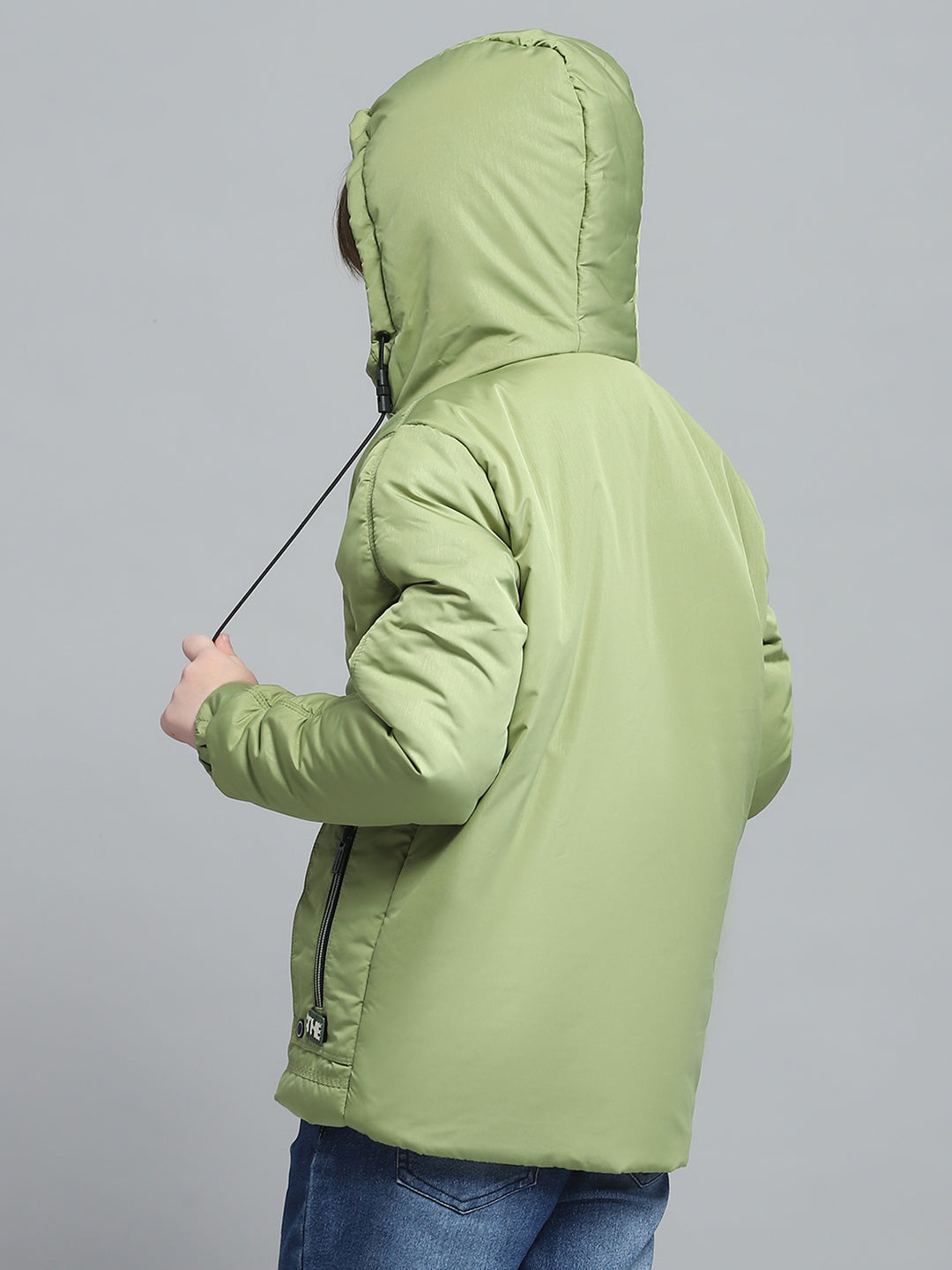 Boys Green Printed Hooded Full Sleeve Jacket