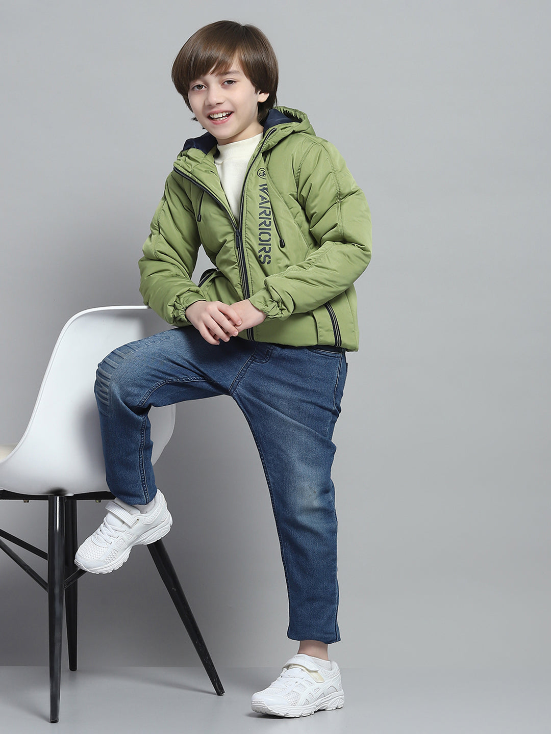 Boys Green Printed Hooded Full Sleeve Jacket