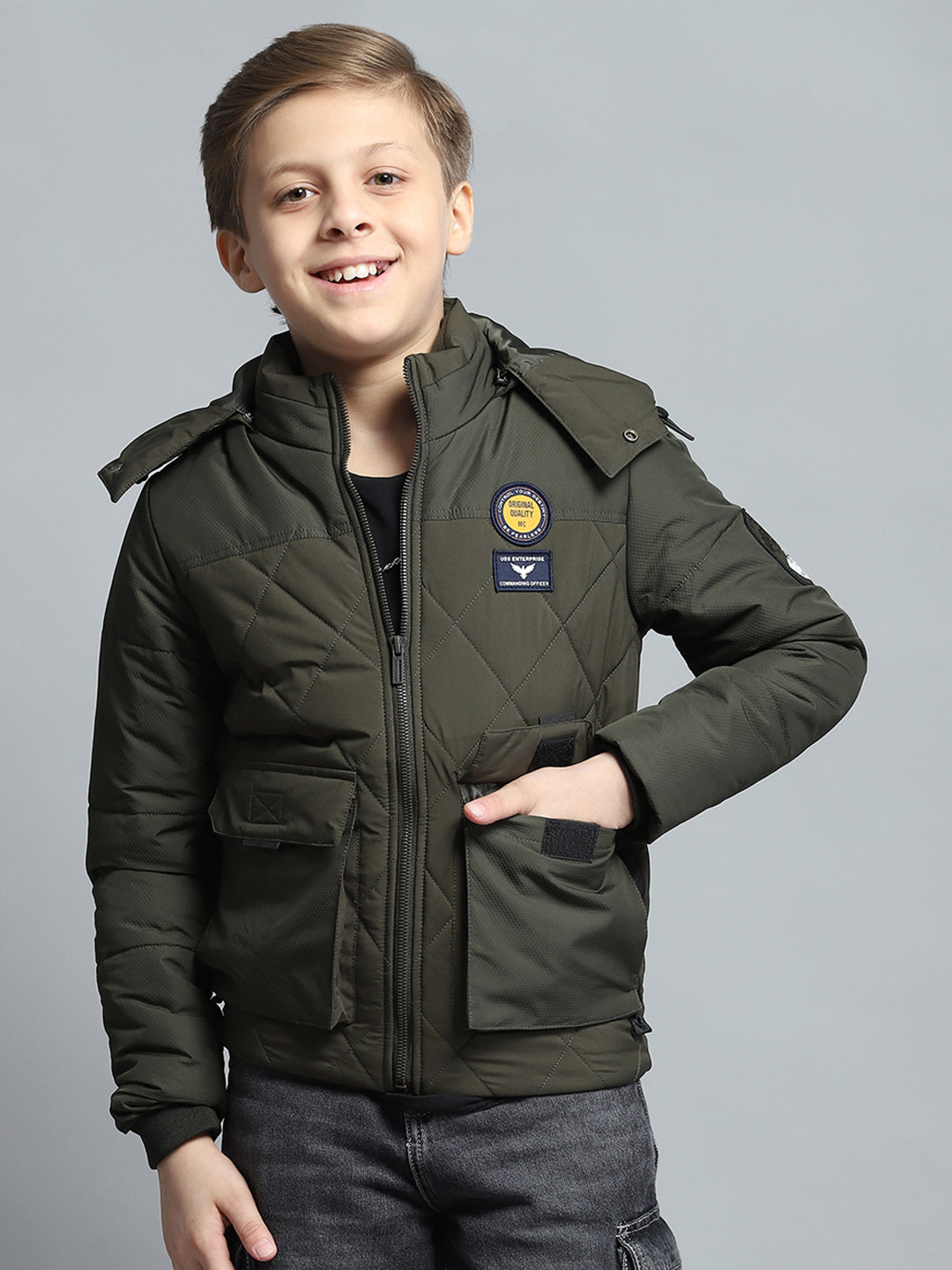 Boys Olive Self Design Detachable Hood Full Sleeve Jacket