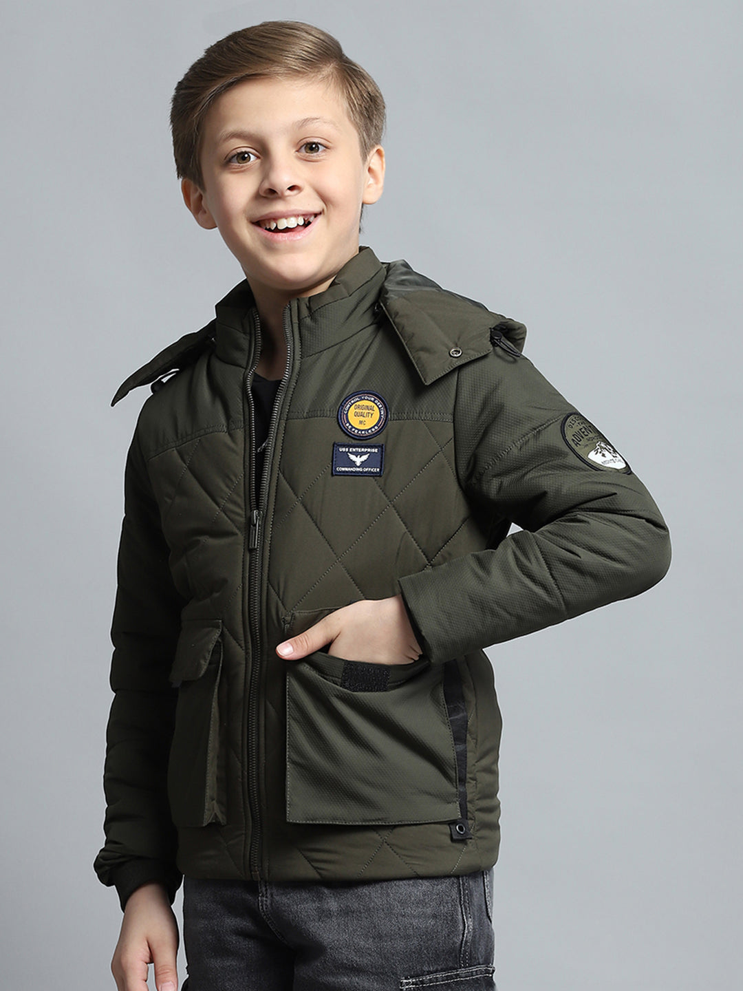 Boys Olive Self Design Detachable Hood Full Sleeve Jacket