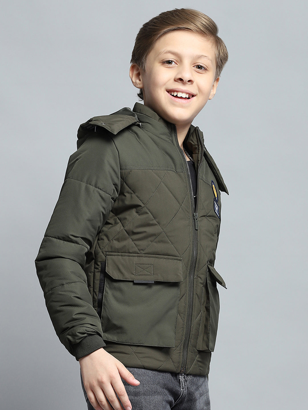 Boys Olive Self Design Detachable Hood Full Sleeve Jacket
