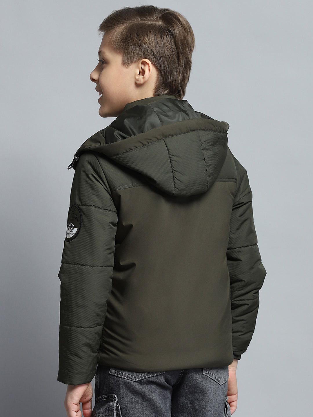 Boys Olive Self Design Detachable Hood Full Sleeve Jacket