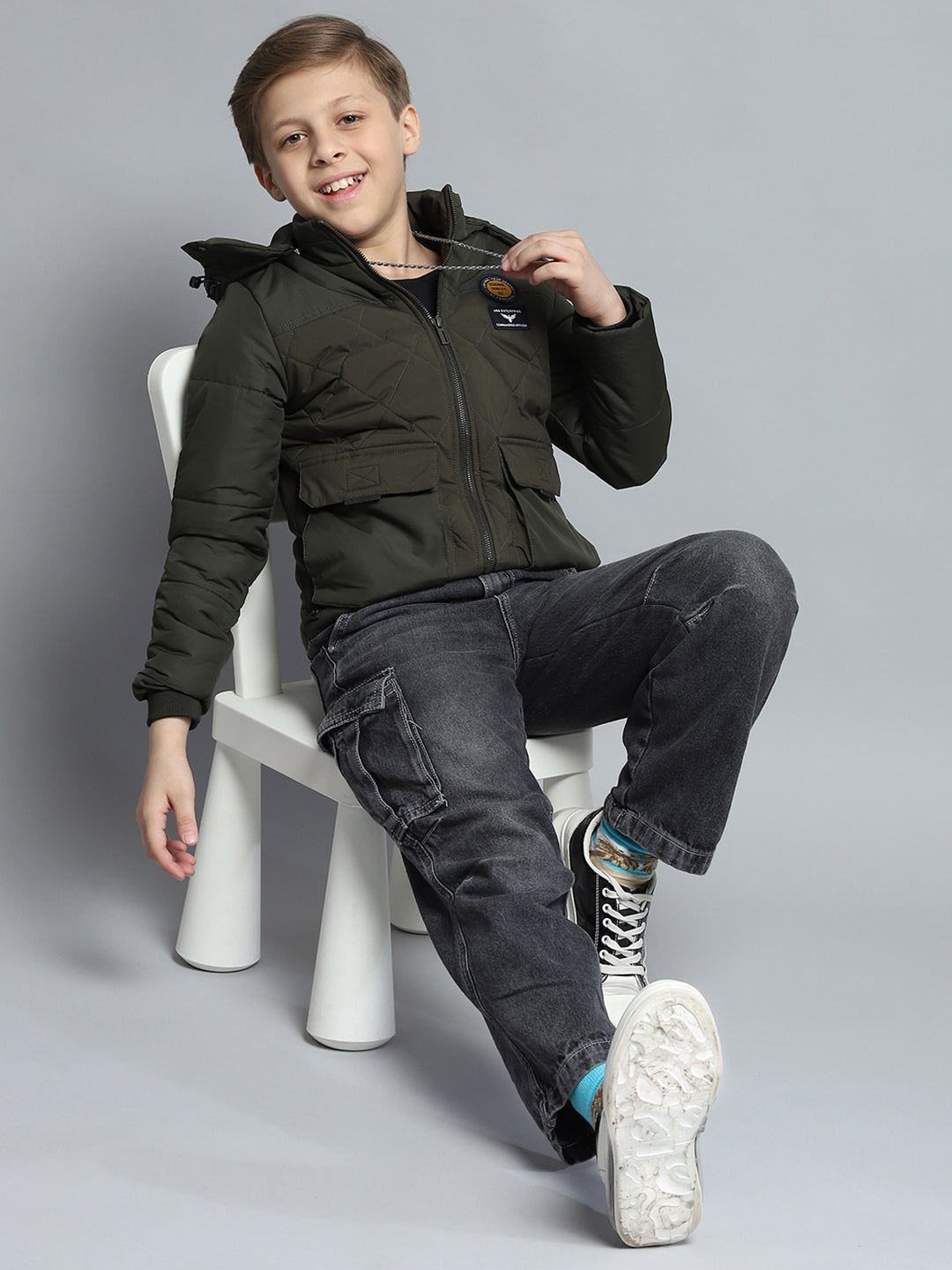 Boys Olive Self Design Detachable Hood Full Sleeve Jacket