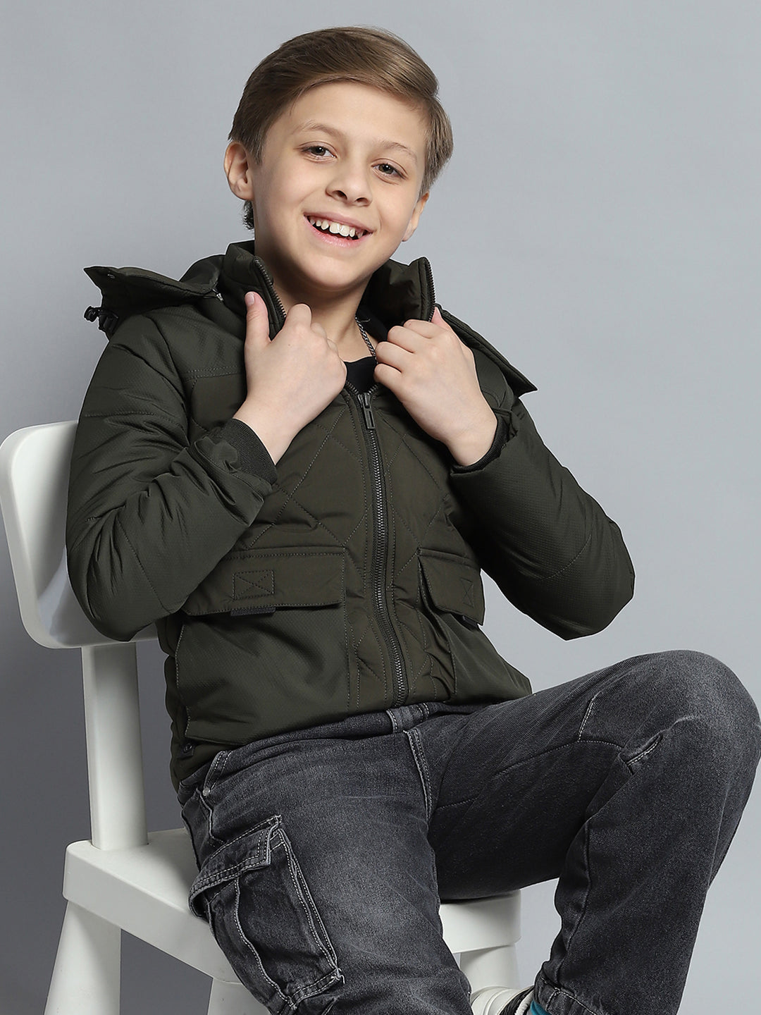 Boys Olive Self Design Detachable Hood Full Sleeve Jacket