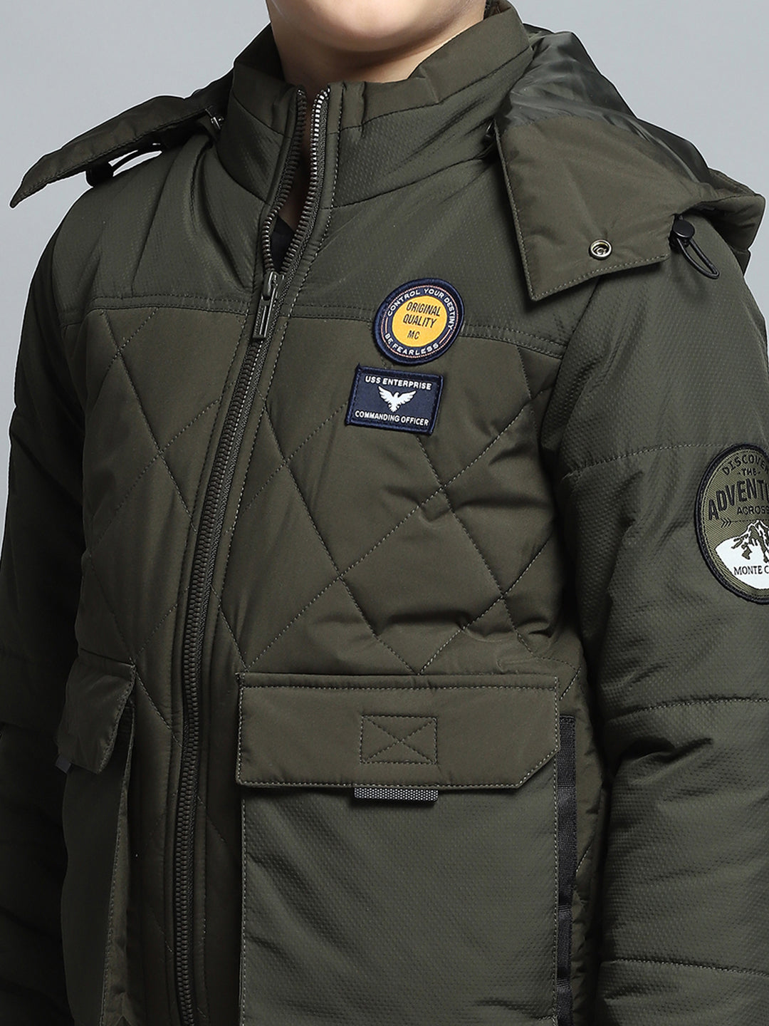 Boys Olive Self Design Detachable Hood Full Sleeve Jacket