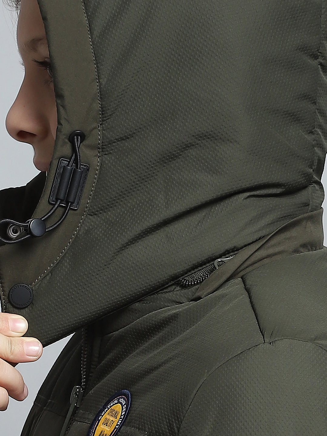 Boys Olive Self Design Detachable Hood Full Sleeve Jacket