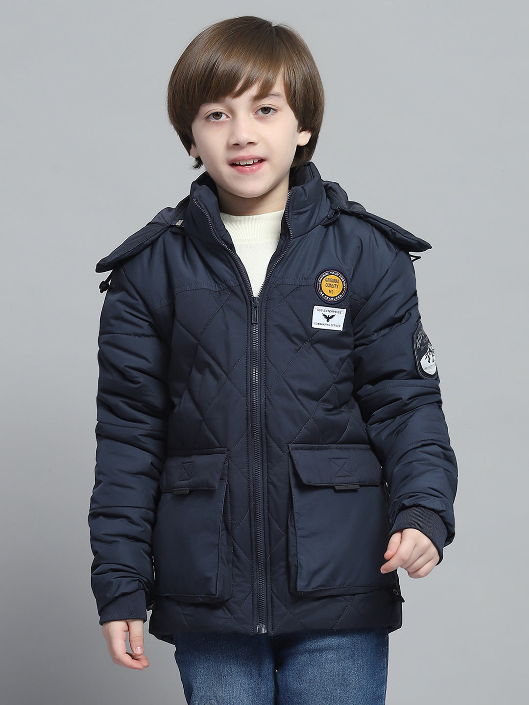 Boys Navy Blue Solid Hooded Full Sleeve Jacket