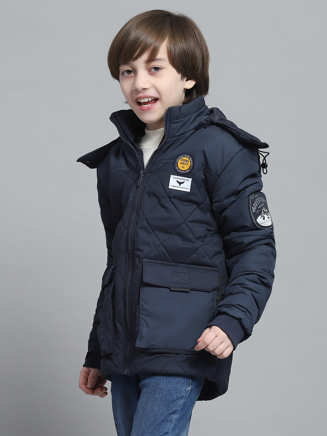 Boys Navy Blue Solid Hooded Full Sleeve Jacket
