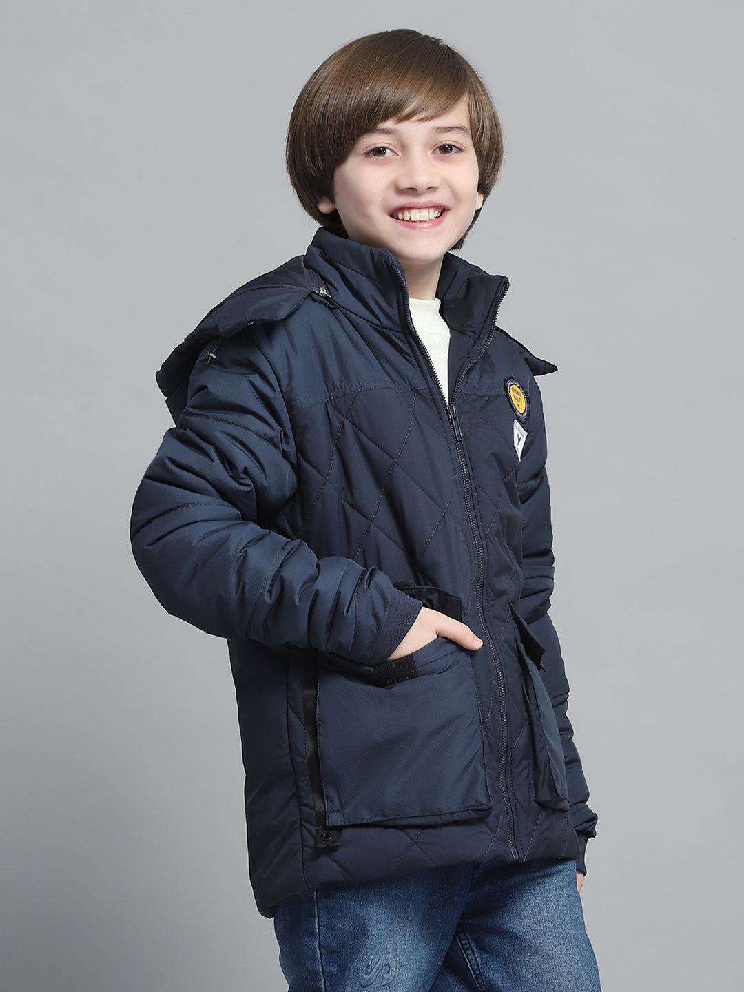 Boys Navy Blue Solid Hooded Full Sleeve Jacket
