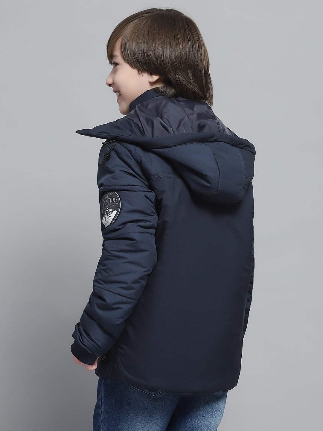 Boys Navy Blue Solid Hooded Full Sleeve Jacket