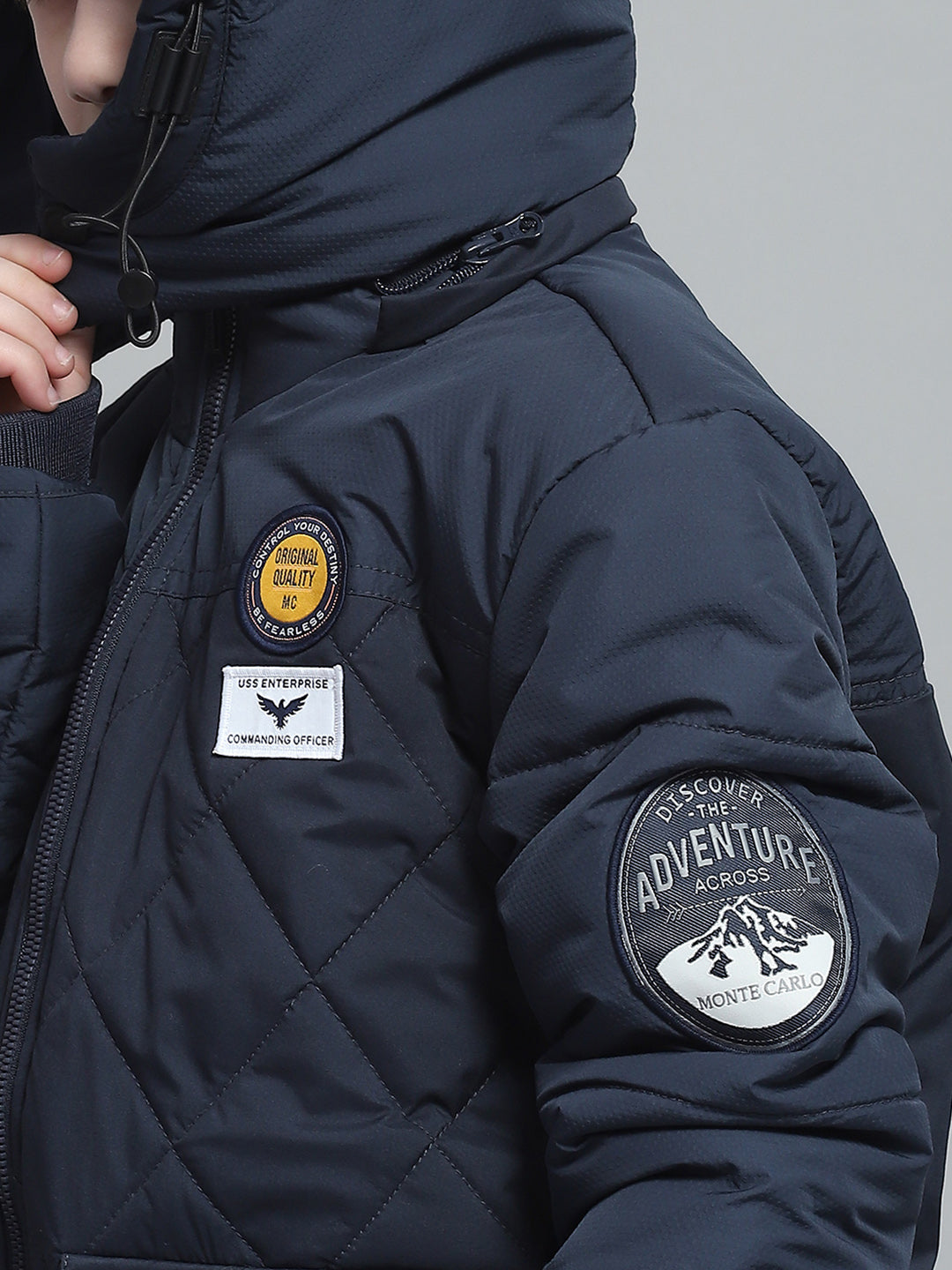 Boys Navy Blue Solid Hooded Full Sleeve Jacket