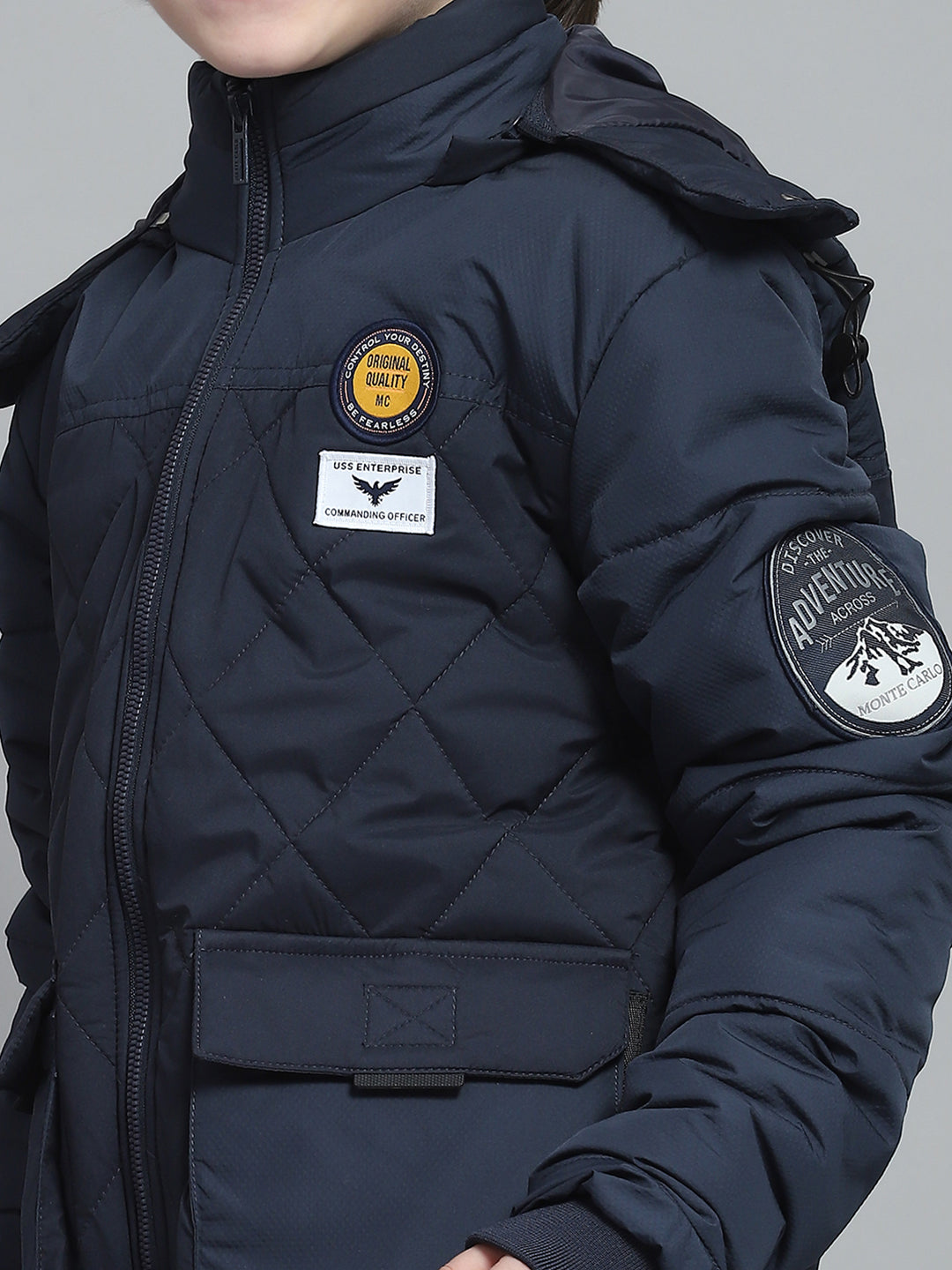 Boys Navy Blue Solid Hooded Full Sleeve Jacket