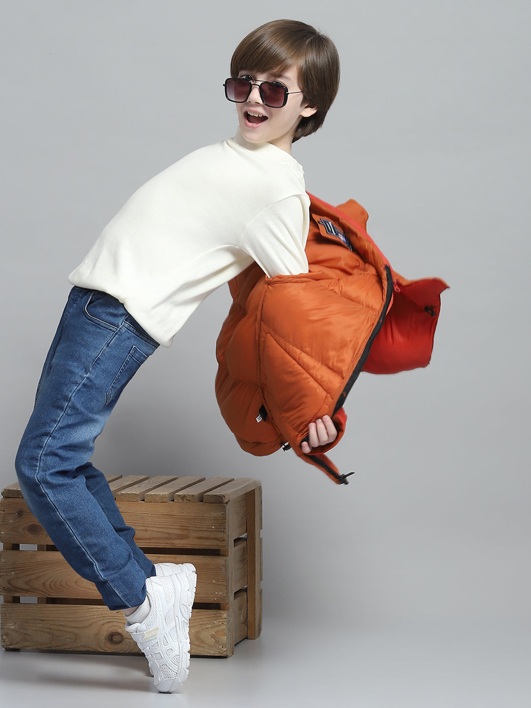 Boys Rust Solid Hooded Full Sleeve Jacket