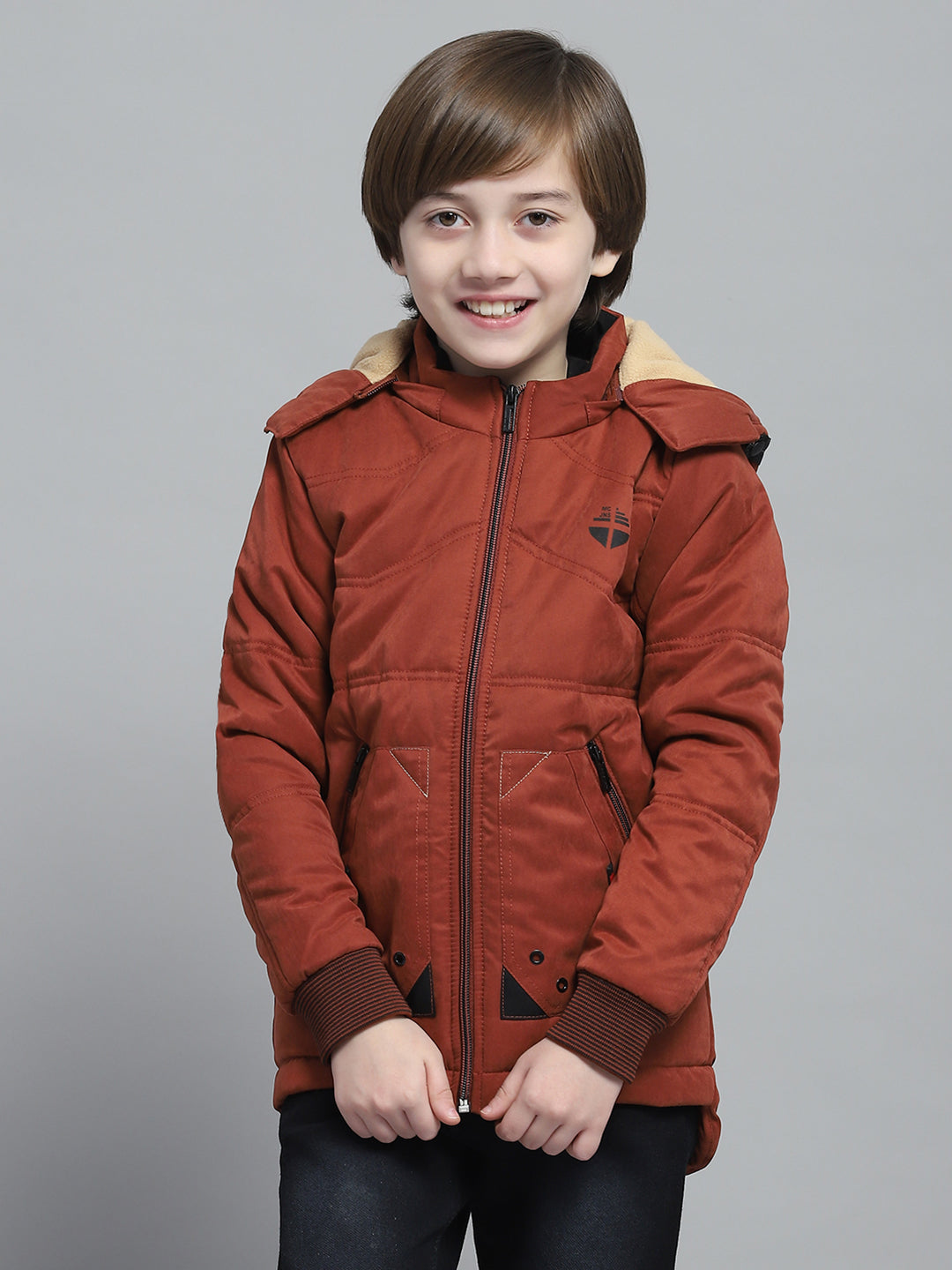 Boys Rust Solid Hooded Full Sleeve Jacket