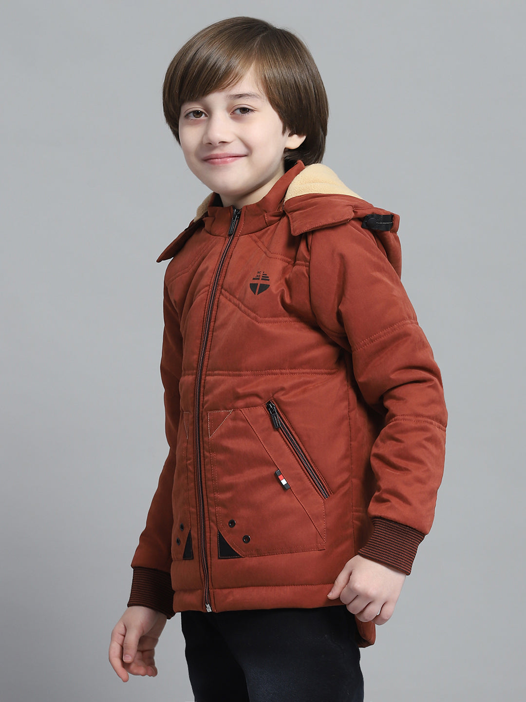 Boys Rust Solid Hooded Full Sleeve Jacket