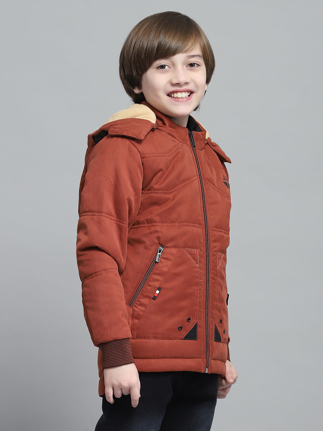 Boys Rust Solid Hooded Full Sleeve Jacket