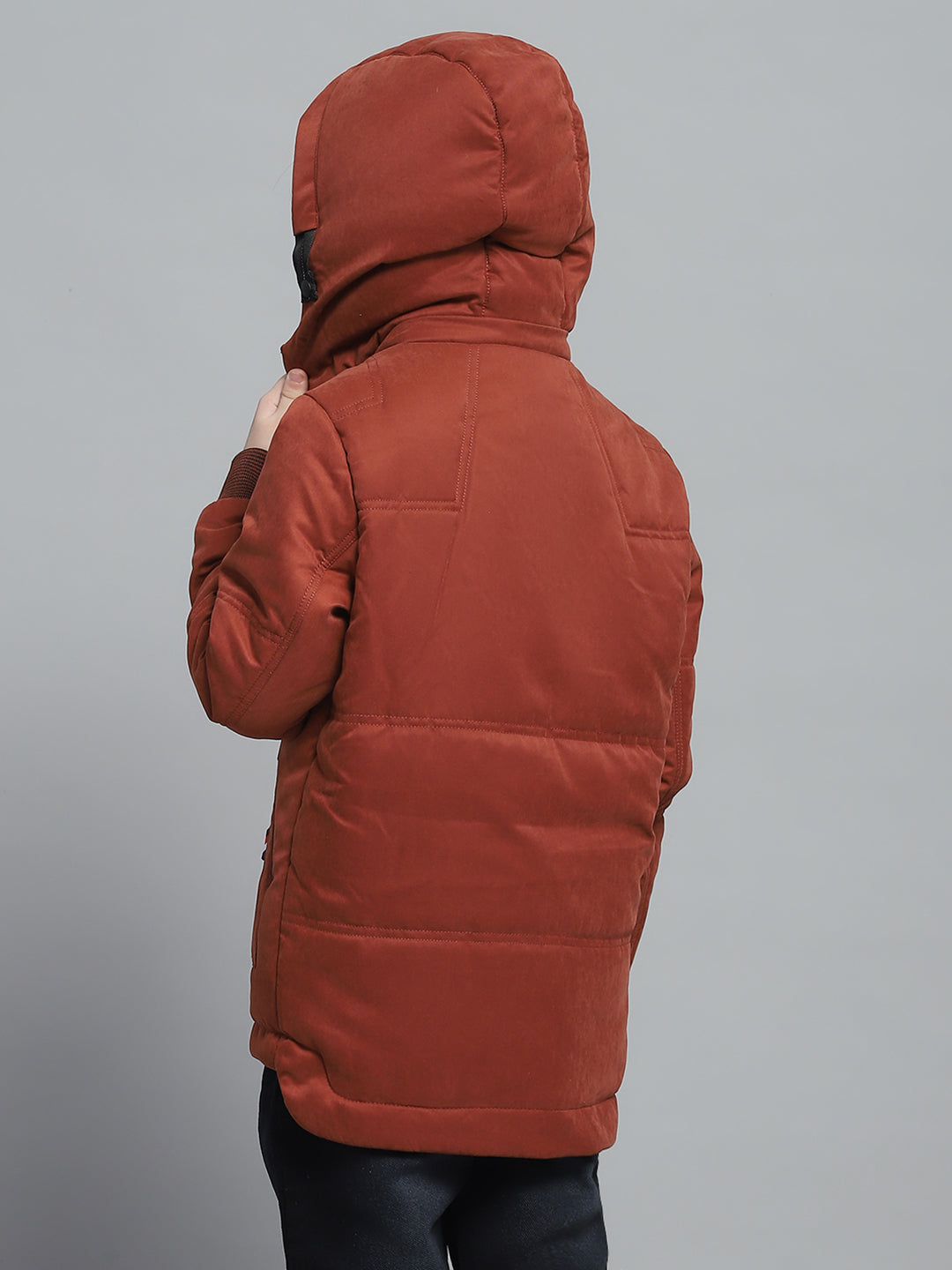 Boys Rust Solid Hooded Full Sleeve Jacket