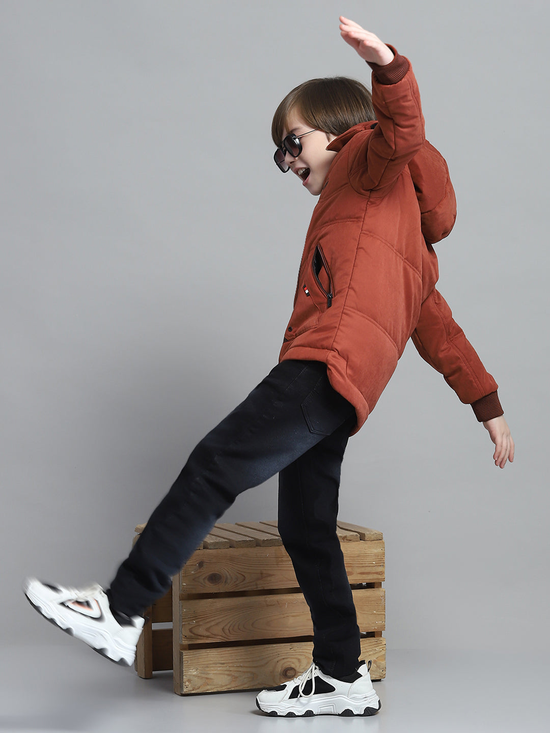 Boys Rust Solid Hooded Full Sleeve Jacket