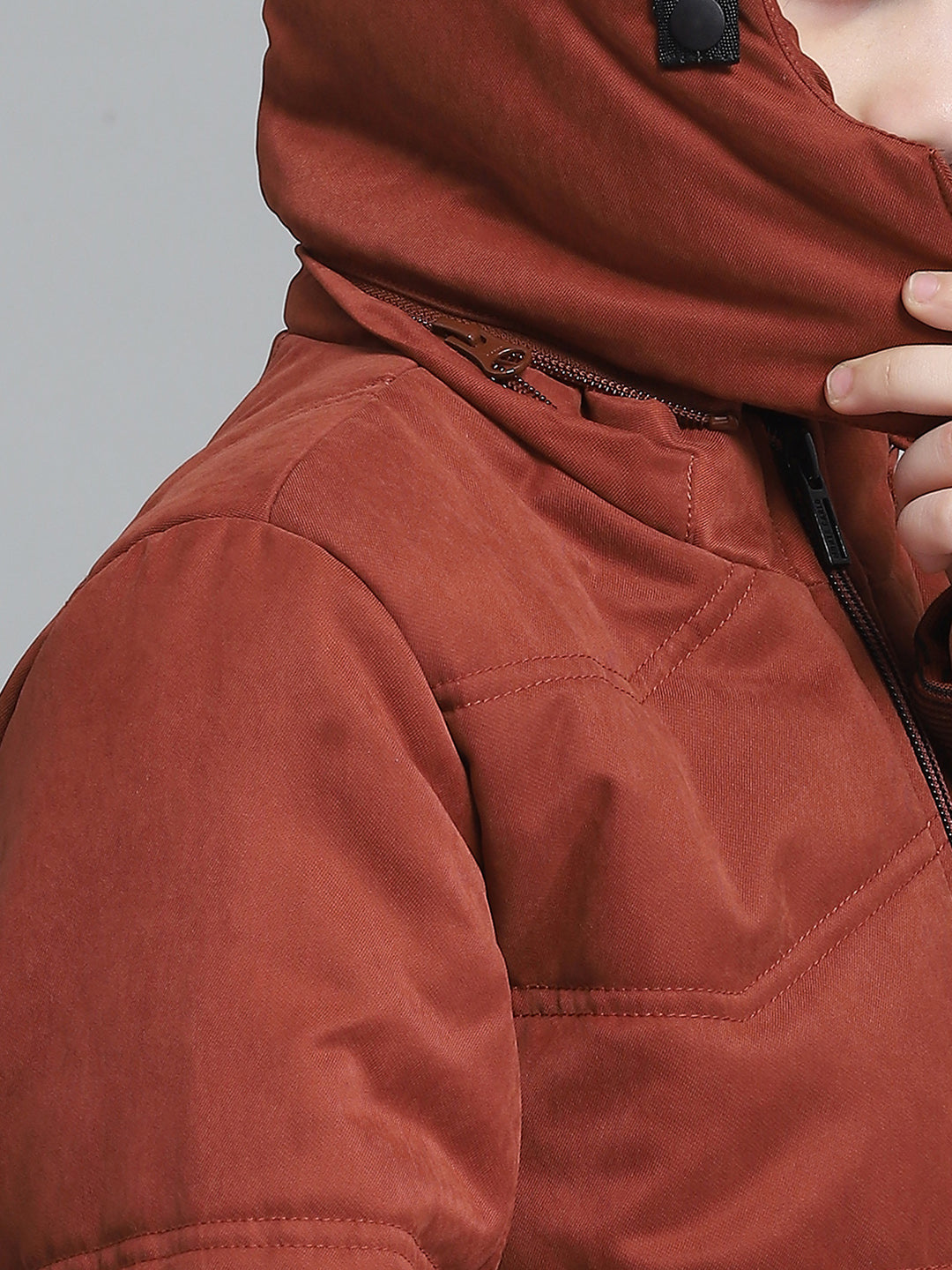 Boys Rust Solid Hooded Full Sleeve Jacket