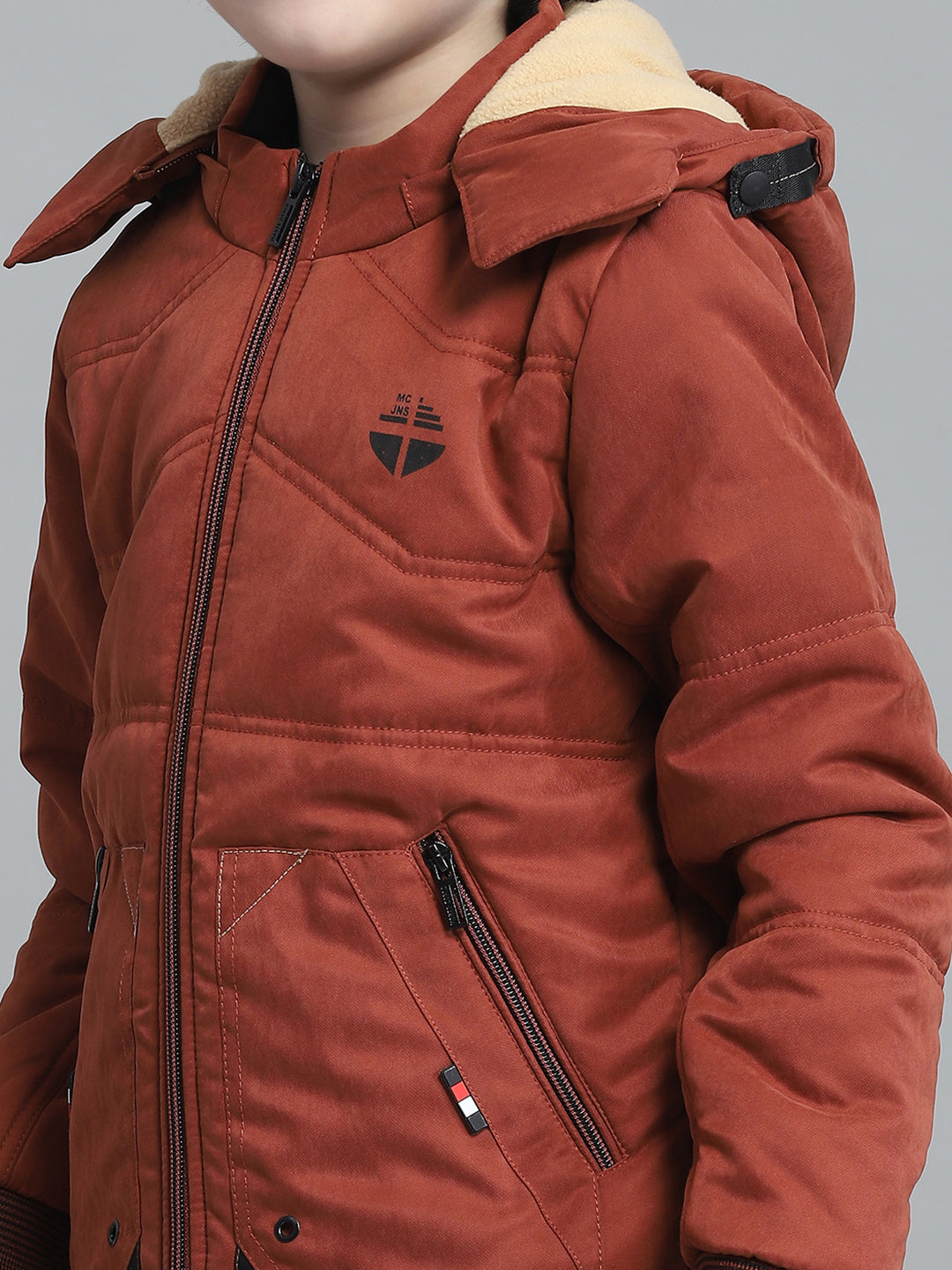 Boys Rust Solid Hooded Full Sleeve Jacket