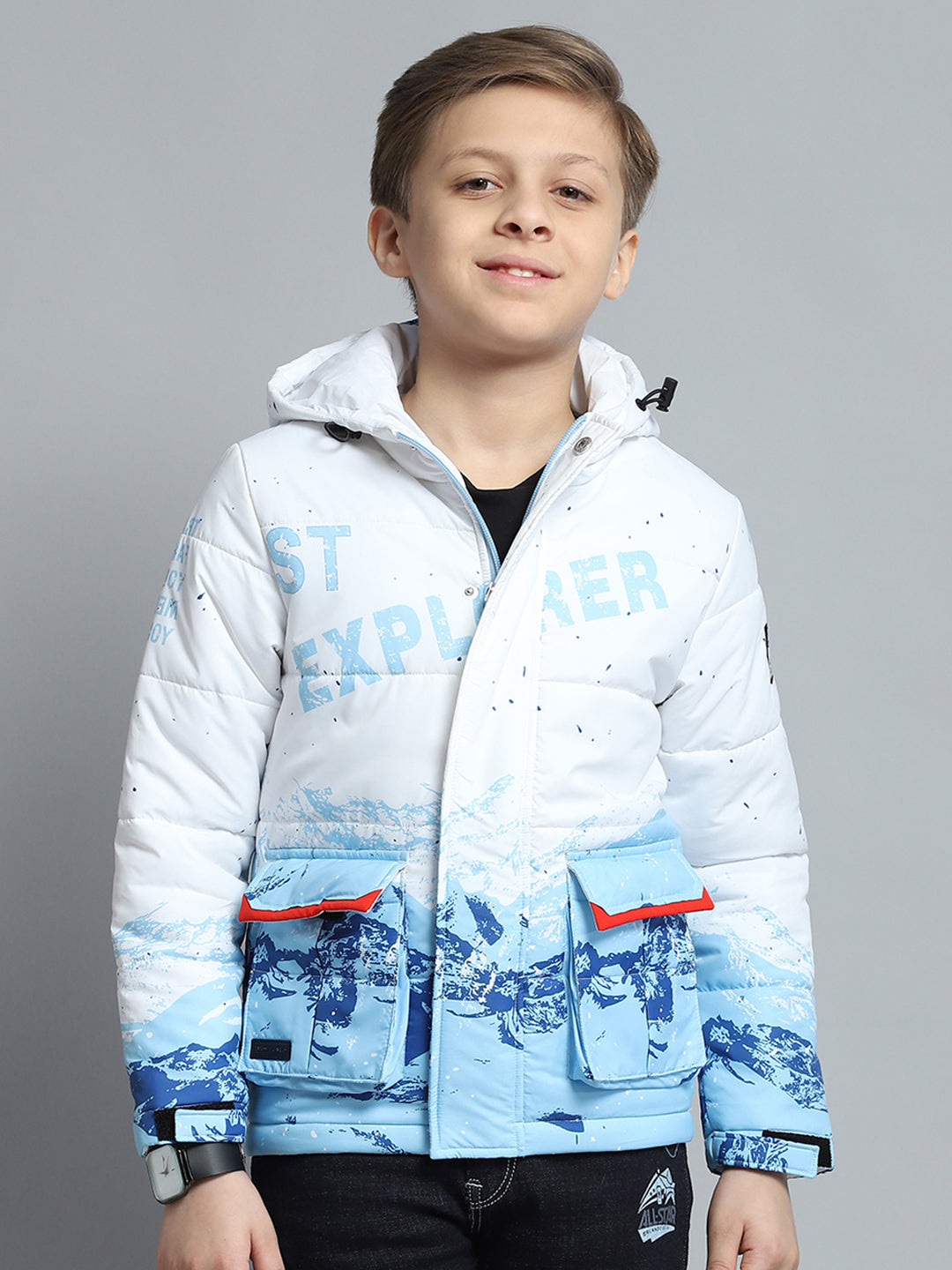 Boys White & Blue Printed Hooded Full Sleeve Jacket