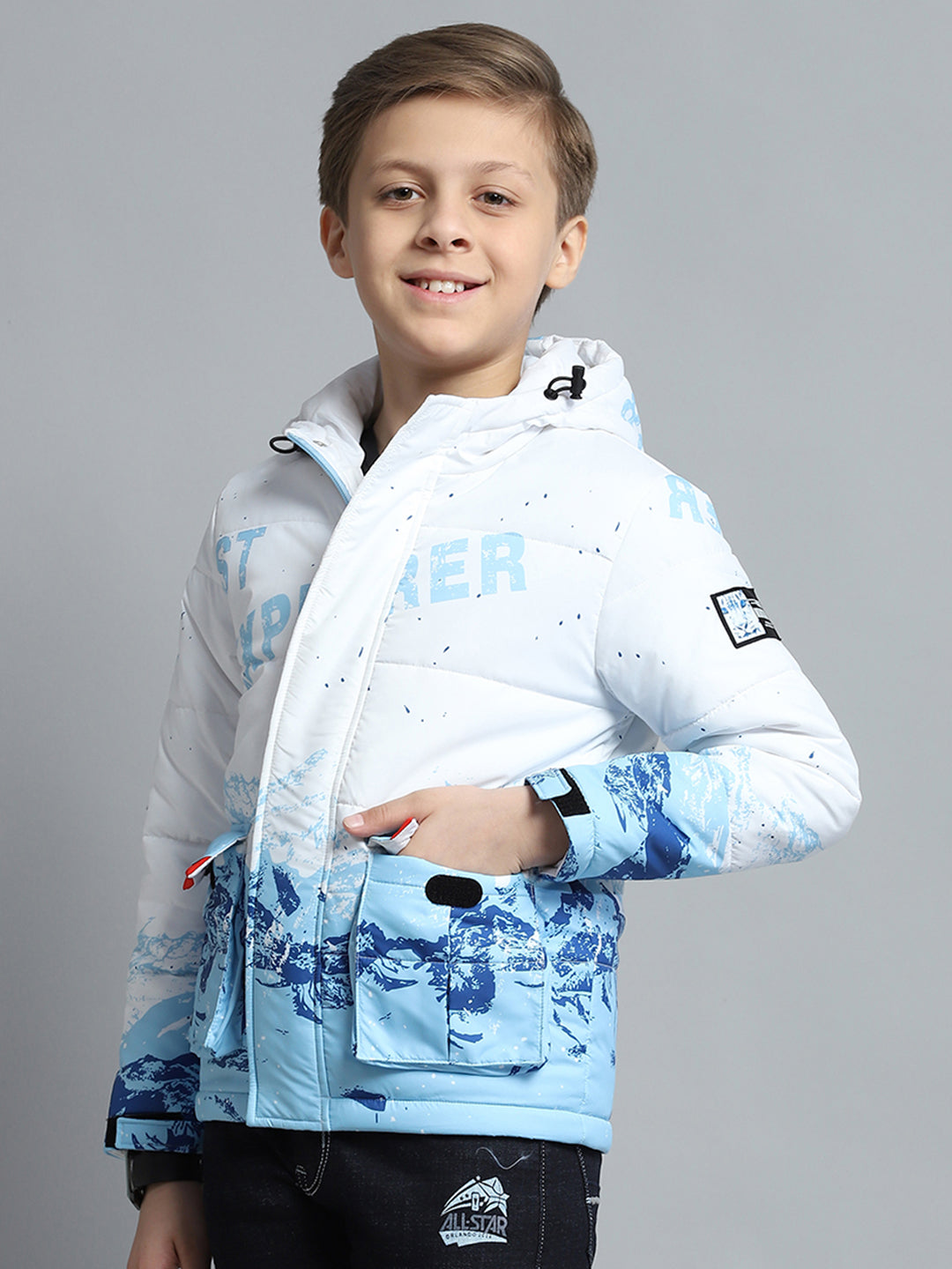 Boys White & Blue Printed Hooded Full Sleeve Jacket