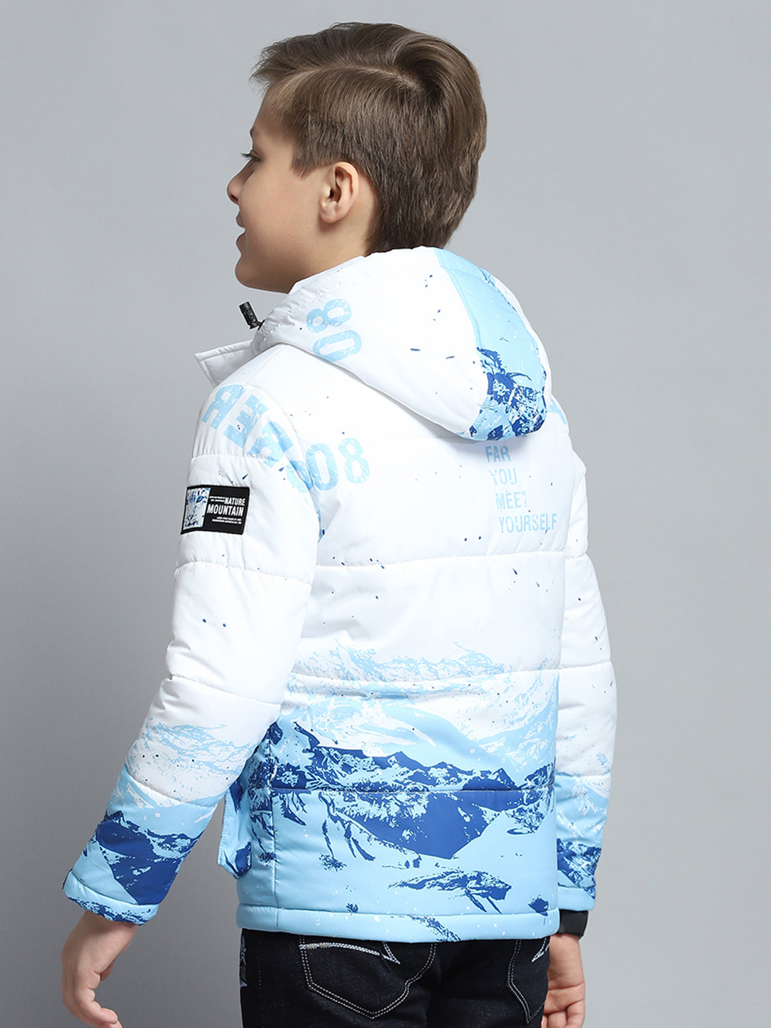 Boys White & Blue Printed Hooded Full Sleeve Jacket