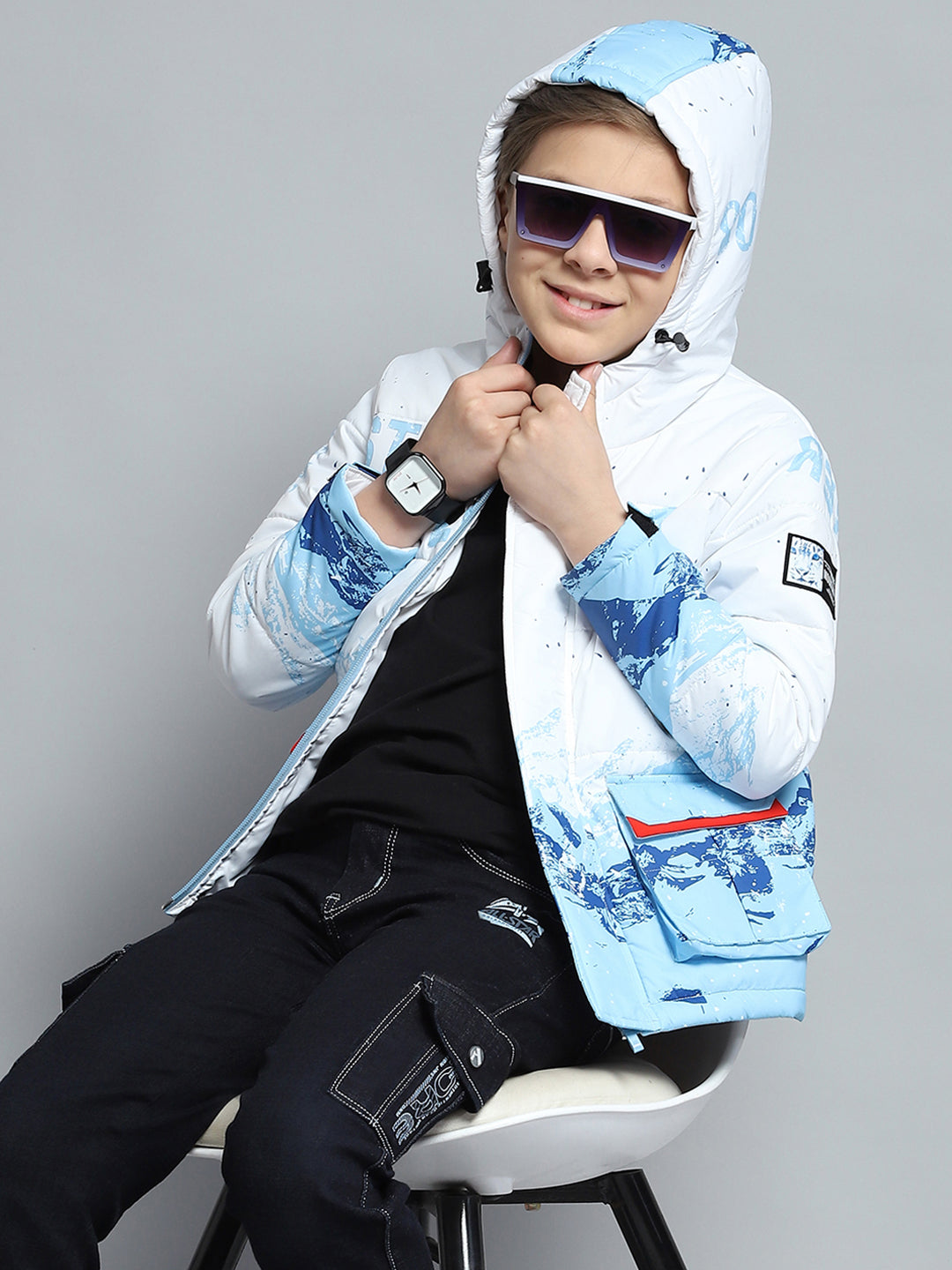 Boys White & Blue Printed Hooded Full Sleeve Jacket