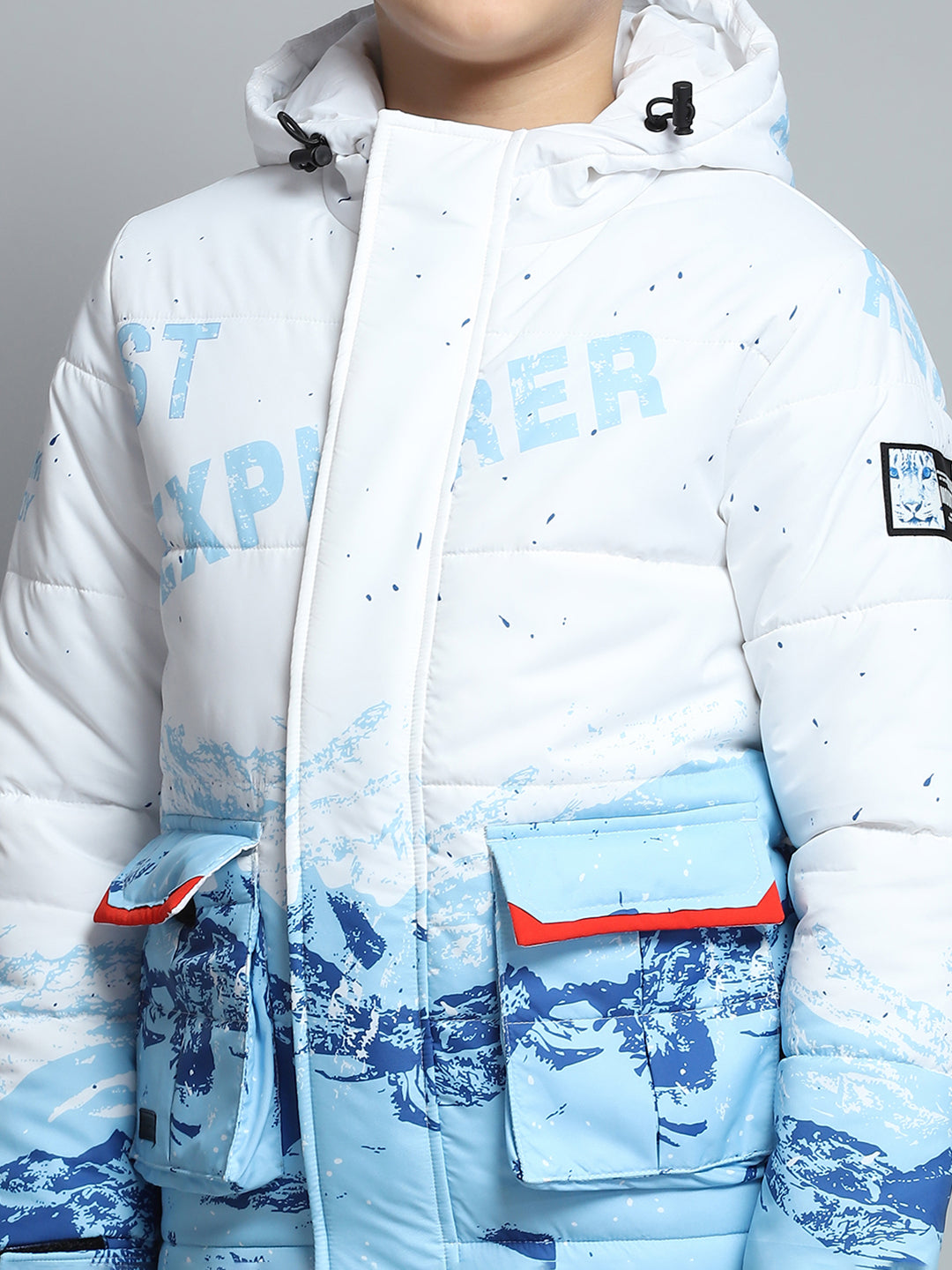 Boys White & Blue Printed Hooded Full Sleeve Jacket