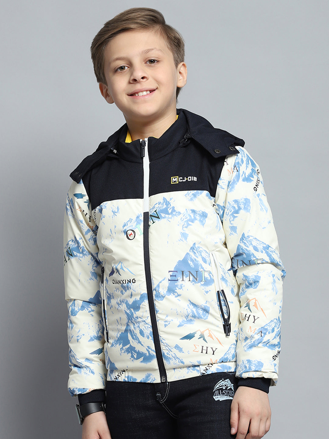 Boys Navy Blue & White Printed Detachable Hood Full Sleeve Jacket
