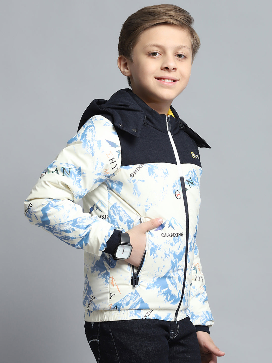 Boys Navy Blue & White Printed Detachable Hood Full Sleeve Jacket