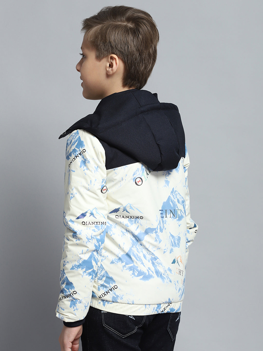 Boys Navy Blue & White Printed Detachable Hood Full Sleeve Jacket