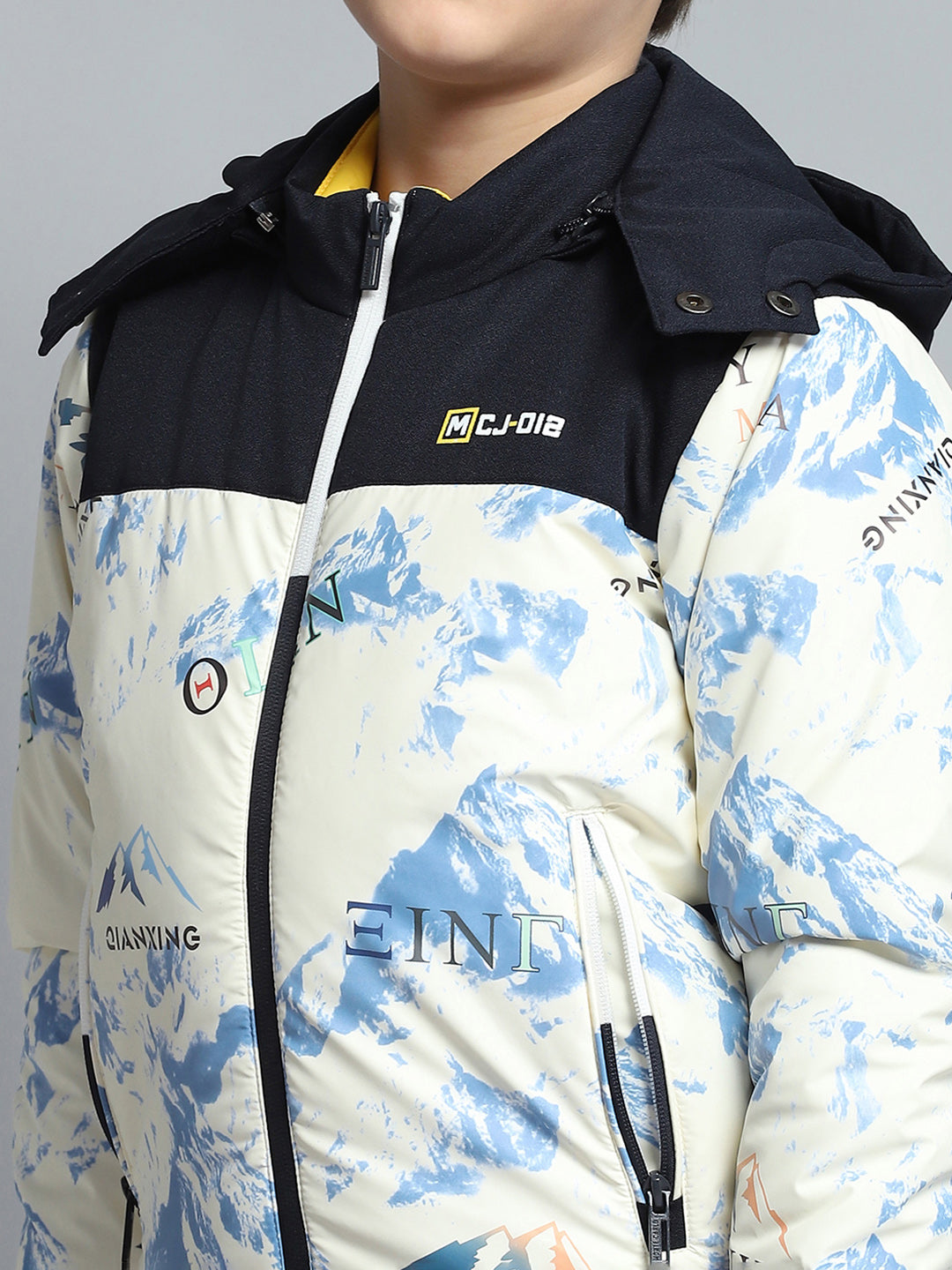 Boys Navy Blue & White Printed Detachable Hood Full Sleeve Jacket