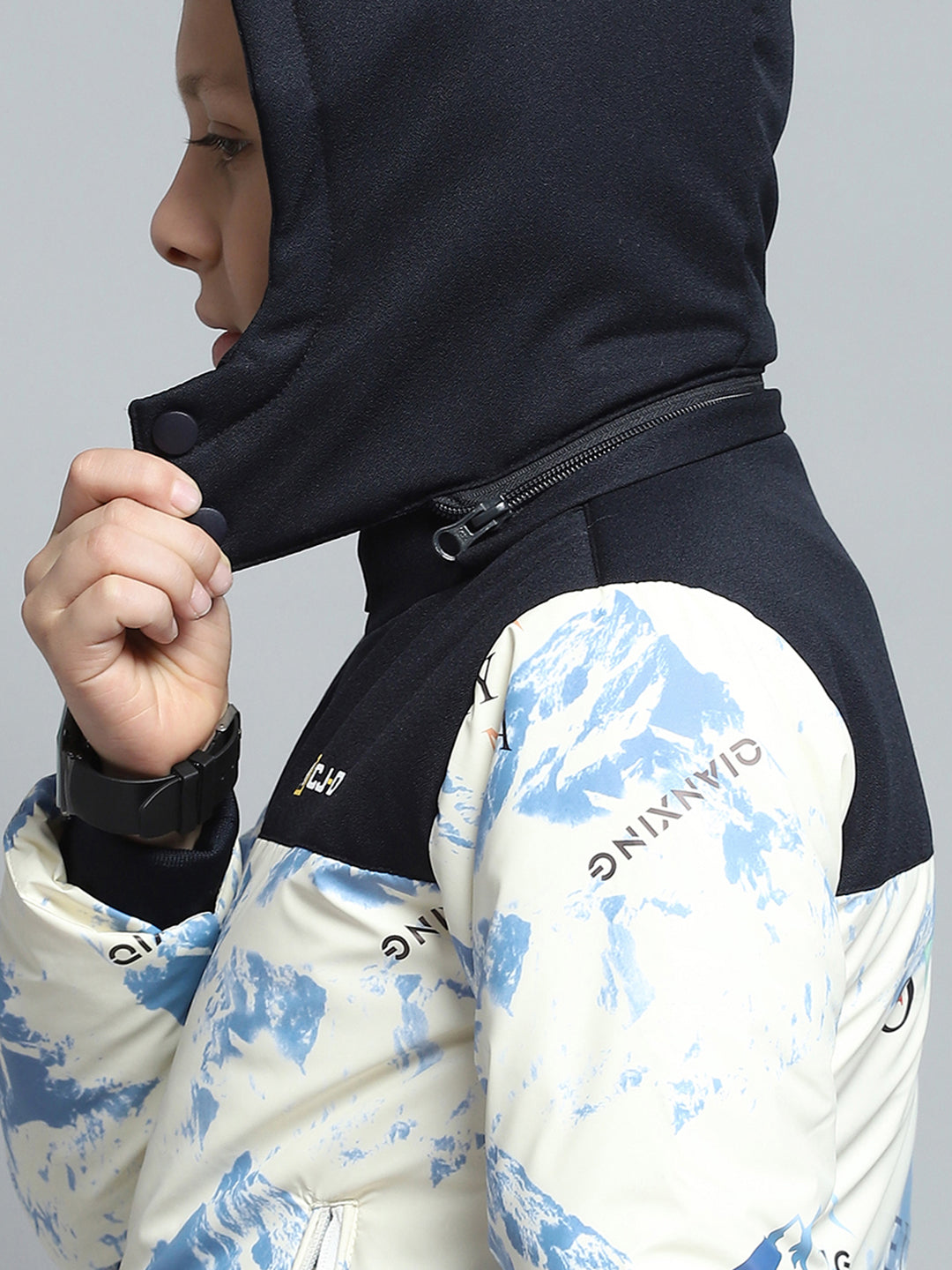 Boys Navy Blue & White Printed Detachable Hood Full Sleeve Jacket