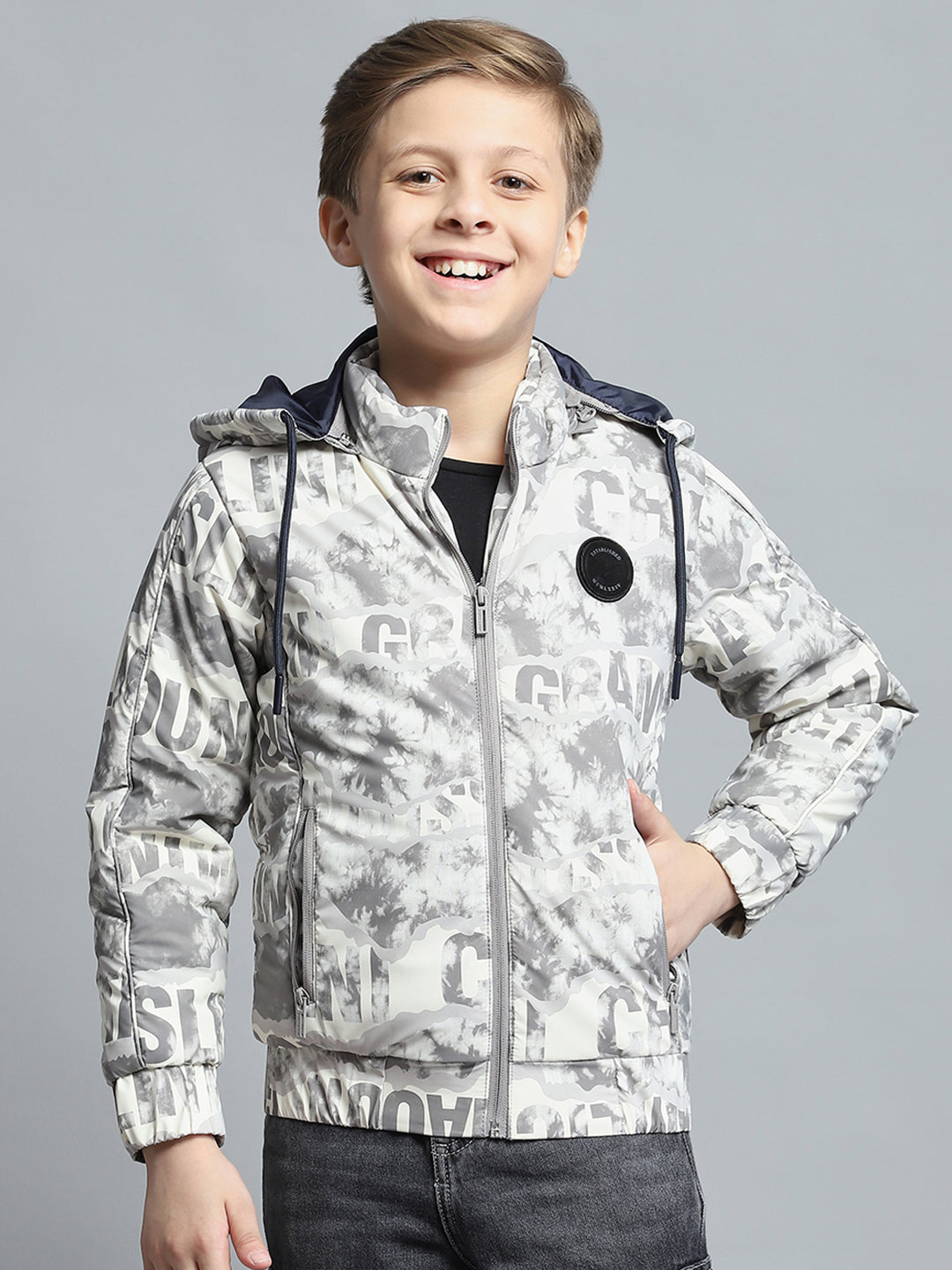 Boys Grey Printed Detachable Hood Full Sleeve Jacket