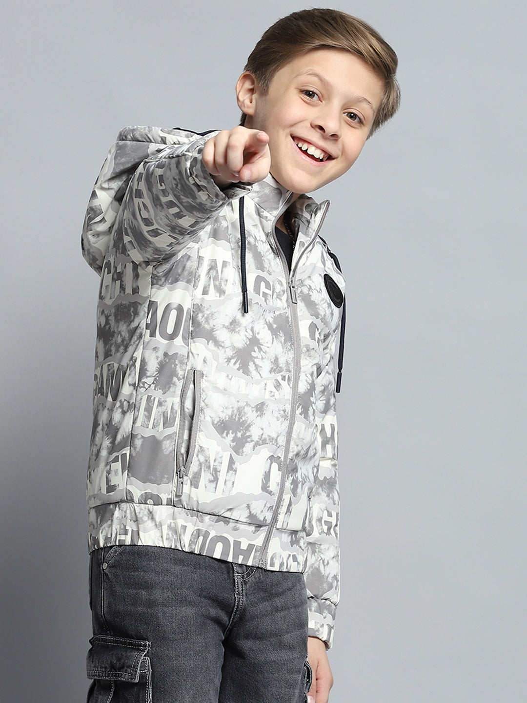 Boys Grey Printed Detachable Hood Full Sleeve Jacket