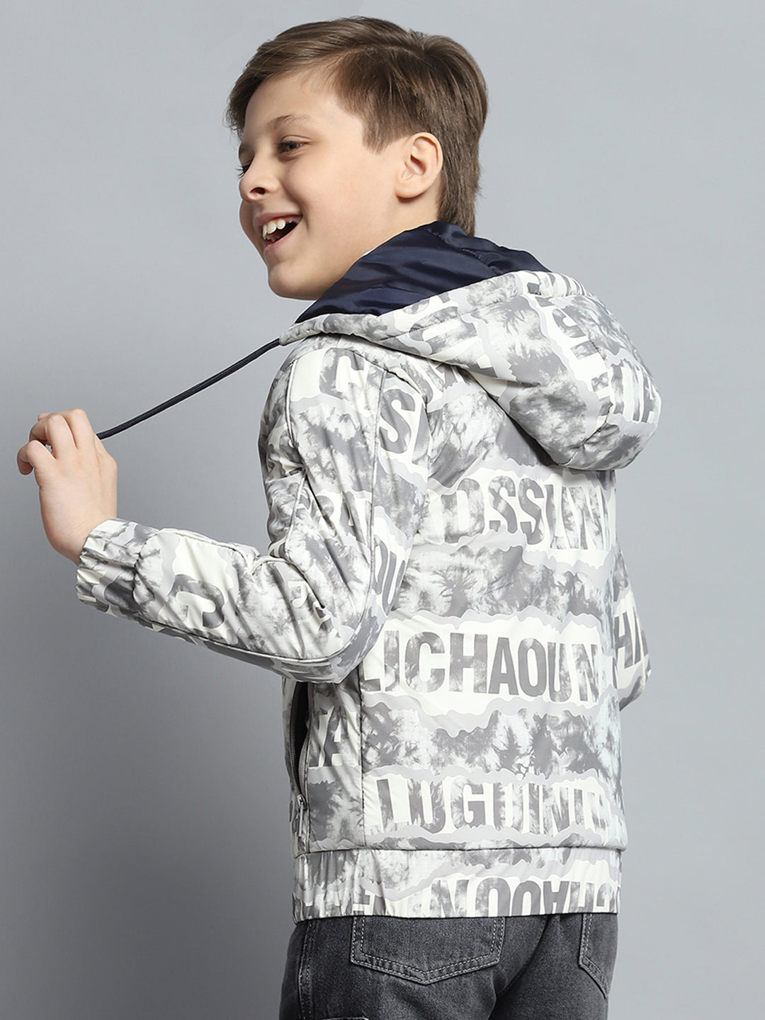 Boys Grey Printed Detachable Hood Full Sleeve Jacket