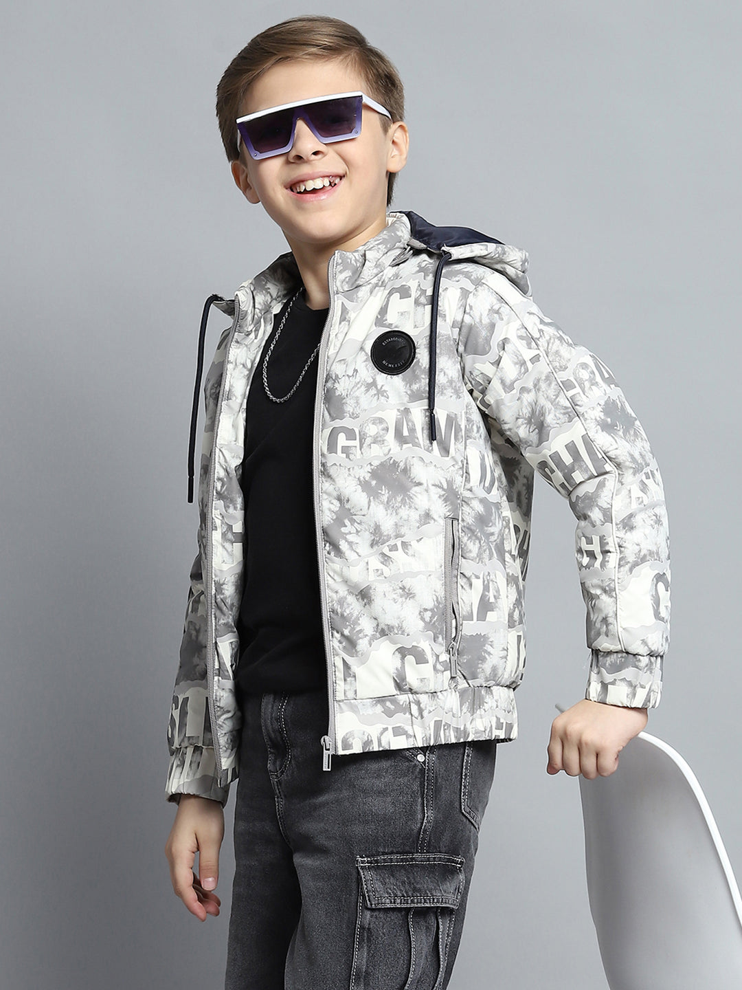 Boys Grey Printed Detachable Hood Full Sleeve Jacket